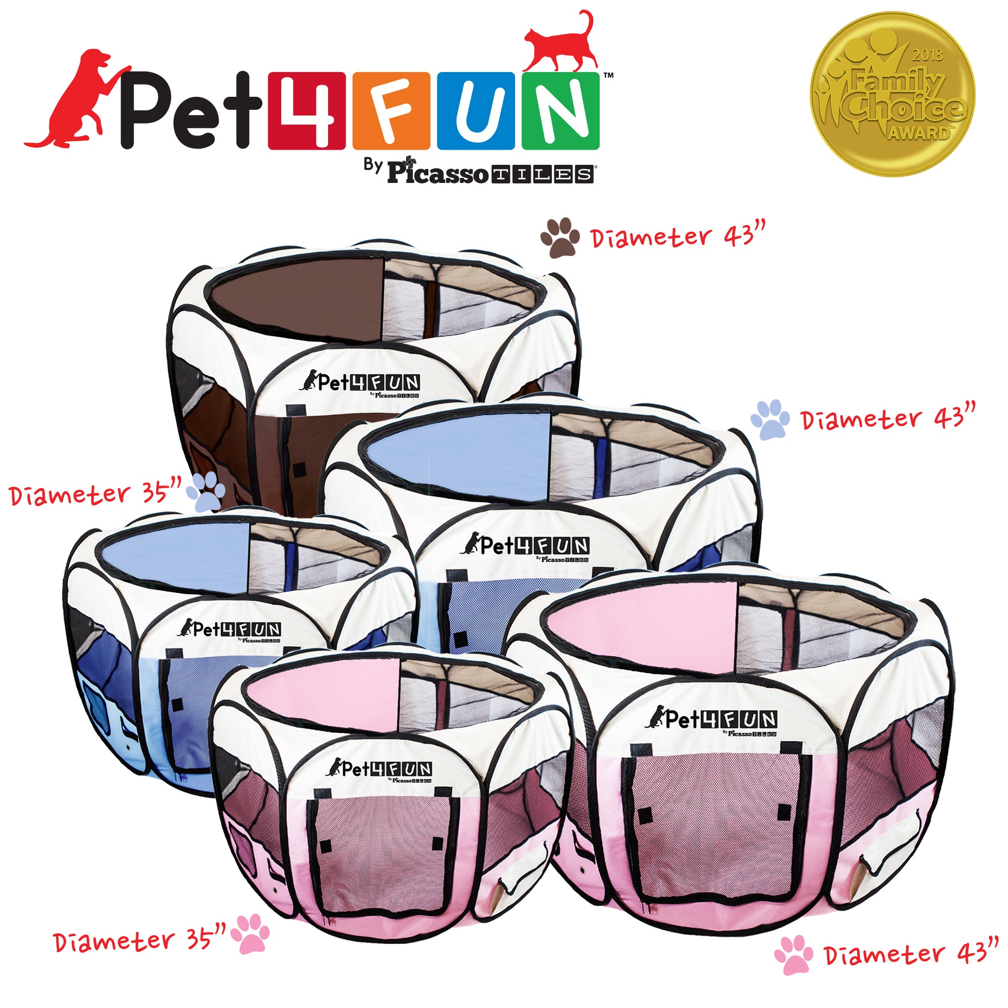 PicassoTiles Pet4Fun Portable Dog Playpen， Pink， 35