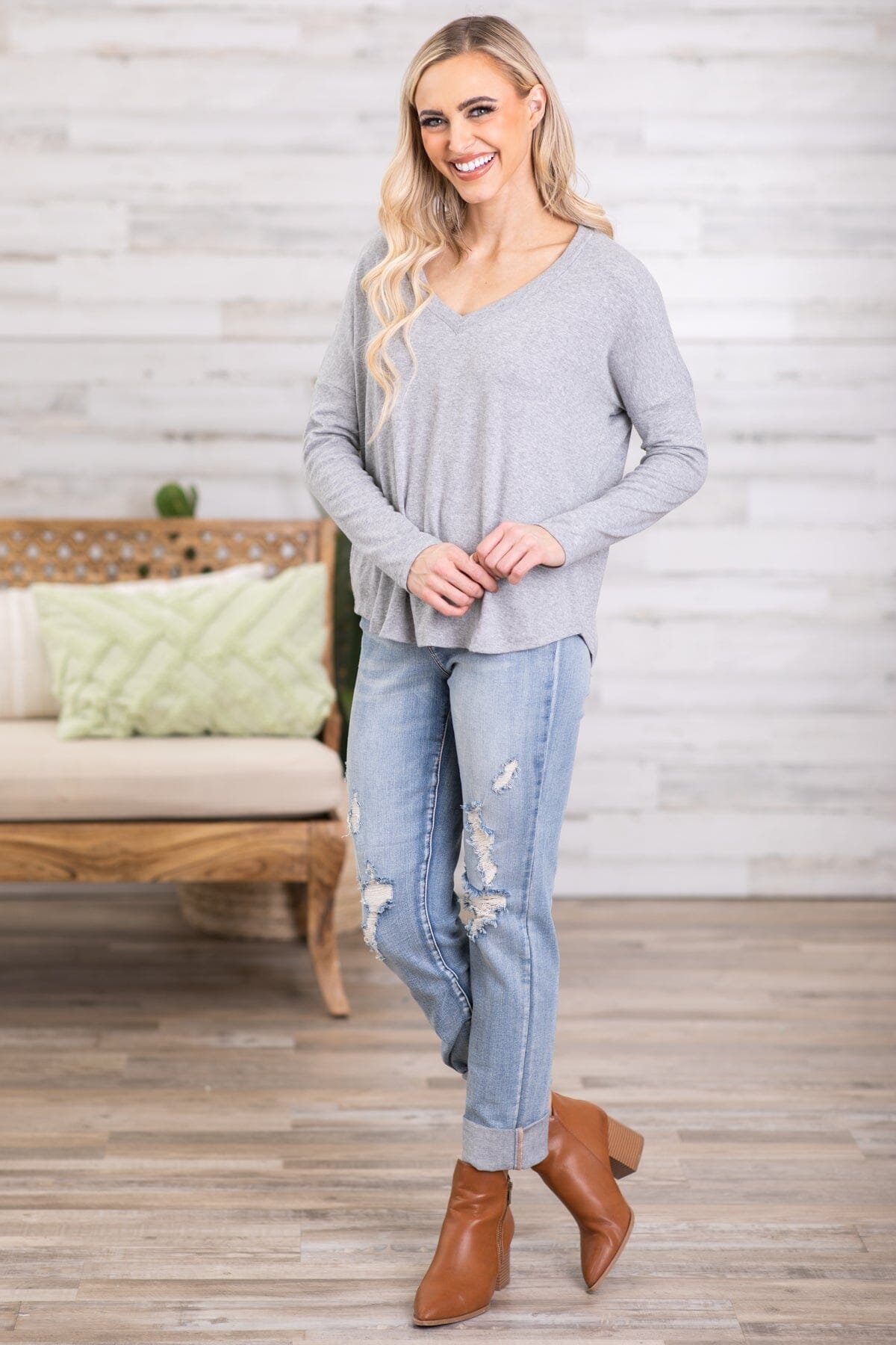Grey V-Neck Long Sleeve Top