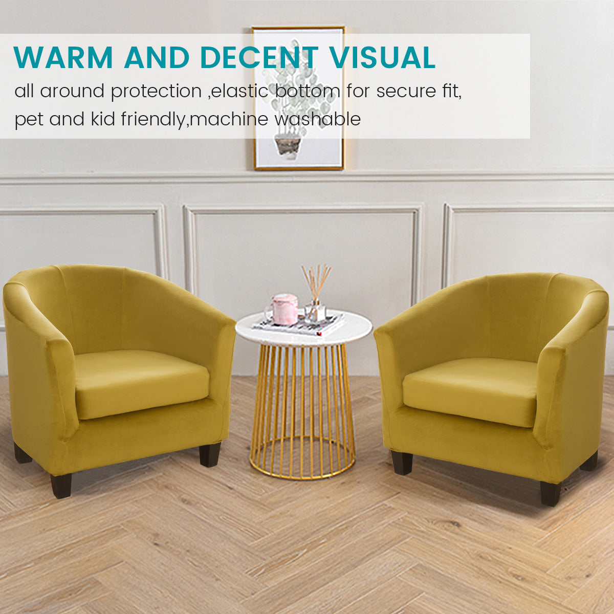 SHANNA Velvet Tub Chair Covers, 2 Pieces Stretch Modern Armchair Slipcovers Non Slip Sofa Couch Slipcover for Club Bar Counter Living Room Reception,With Separate Cushion Cover, Yellow 1 Pack