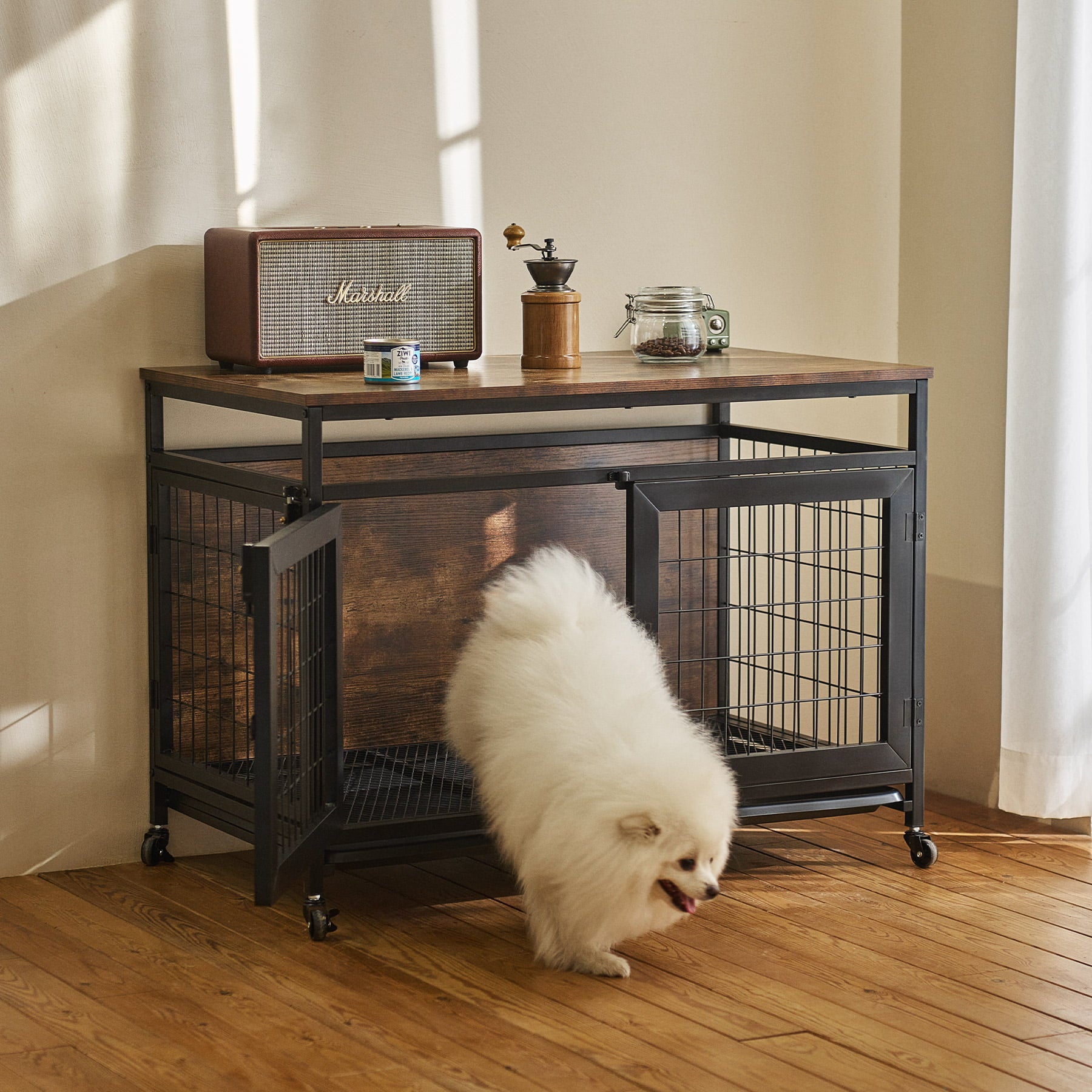 CO-Z Dog Crate Furniture Wooden Dog Crate End Table with Tray for Dogs Cats Rabbits