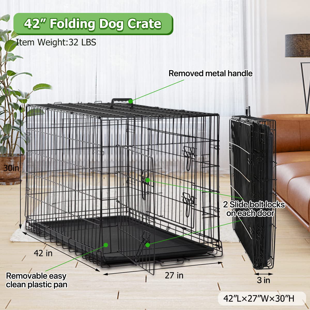 Dkelincs XL Dog Cage 42 inch Dog Crate and Kennel Folding Pet Animal Segregation Cage with Plastic Tray for Dog Training Indoor