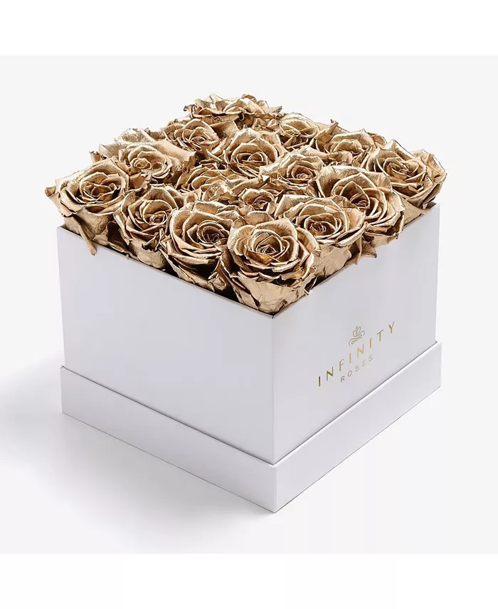 Infinity Roses Square Box of 16 Gold Real Roses Preserved to Last Over A Year， Large