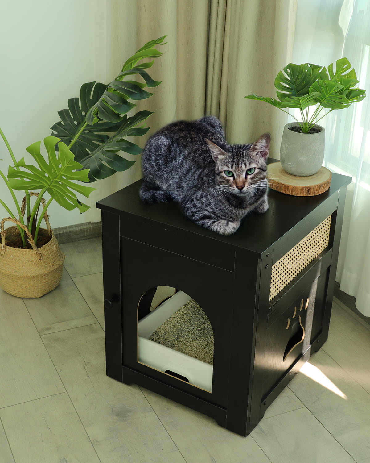 Cat Litter Box - Home Decorative Cat House and Side Table - Cat Home Nightstand - Indoor Pet Crate - Litter Box Enclosure - Hooded Hidden Pet Box - Cats Furniture Cabinet - Kitty Washroom - Black