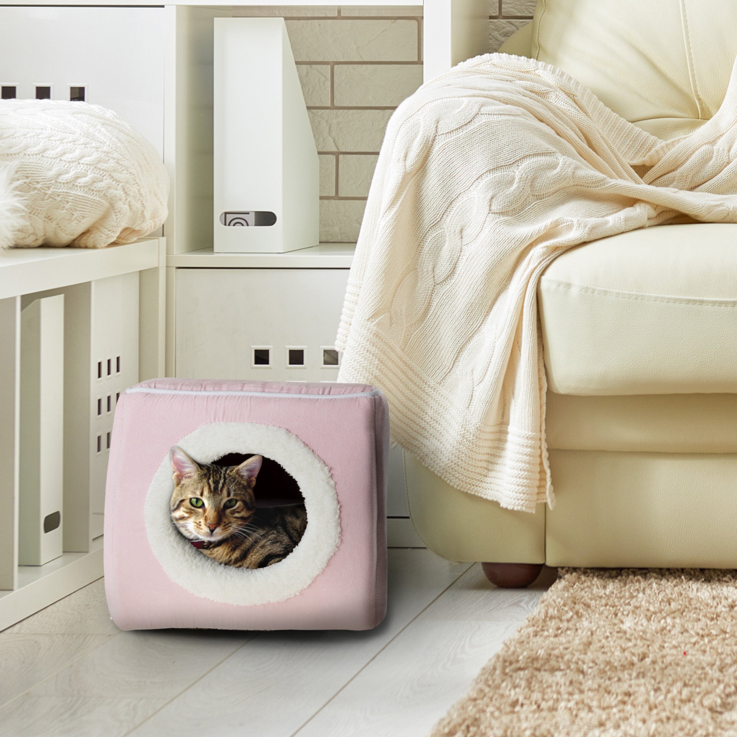 Cat House - Indoor Bed with Removable Foam Cushion - Cat Cave for Puppies， Rabbits， Guinea Pigs， Hedgehogs， and Other Small Animals by PETMAKER (Pink)