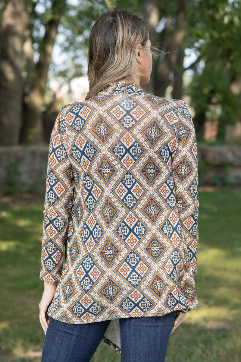 Camel and Teal Multicolor Aztec Cardigan