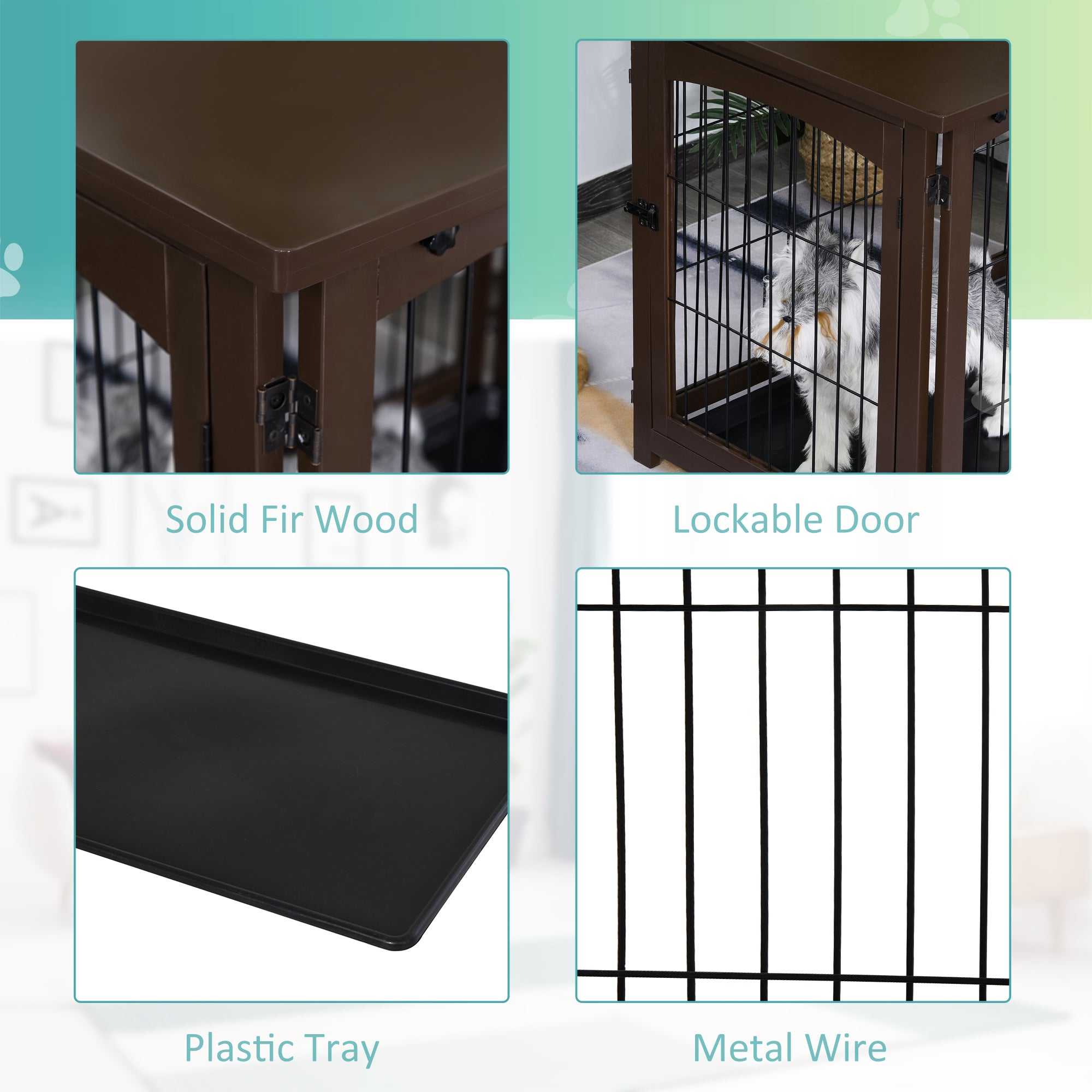 Pawhut Wooden Decorative Dog Cage Pet Crate Fence Side Table Small Animal House with Tabletop， Lockable Door， Brown