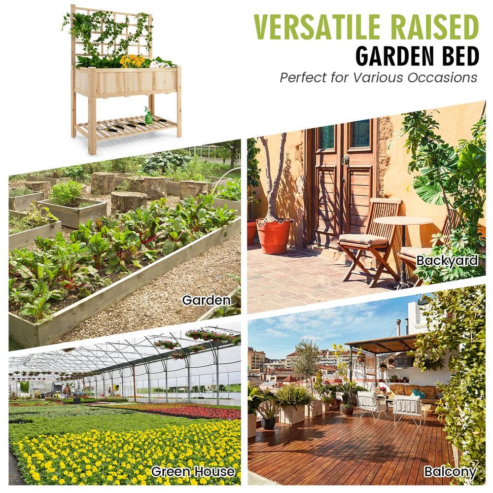 HONEY JOY 48 in. x 23 in. x 63 in. Wood Raised Garden Bed with Trellis Elevated Planter Box with Bed Liner Bottom Storage Shelf TOPB006552