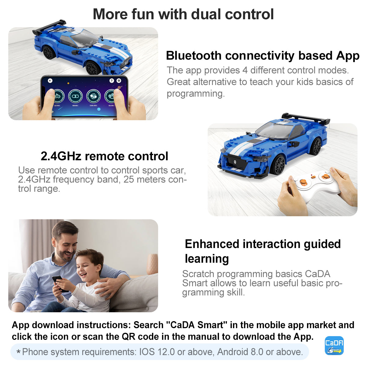 CaDA® Blue Warrior GT500 Supercar Programmable Remote Control Sports Car Model Building Block Toy C51077W Building Kit and Engineering Toy for Kids (325 Pieces)