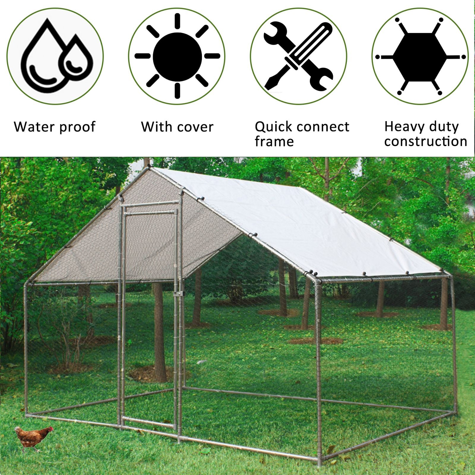 Ouyessir Outdoor Chicken Coop， Large Metal Walk-in Chicken Run Pen with Waterproof Cover Coat， Rabbit Habitat Flat Shaped Poultry Cage for Backyard Farm Use (6.6’L x 10’W x 6.2’H)