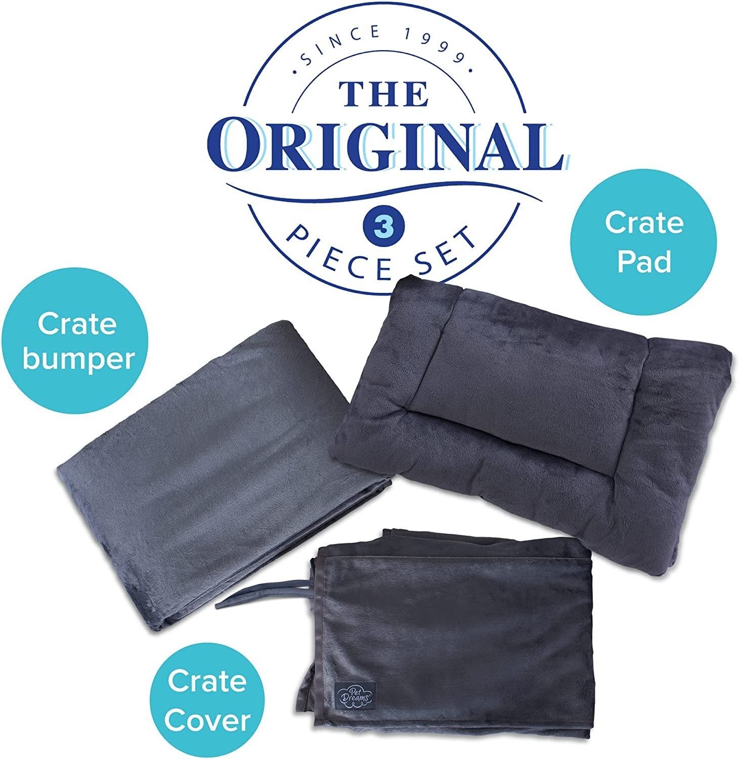 Pet Dreams 3 Piece Set - Non Toxic Dog Bedding for Dog Crate! Washable Dog Crate Cover， Dog Crate Mat and Dog Crate Bumper for Single Door Wire Dog Kennel， Good for Car Travel， Graphite Grey， X...