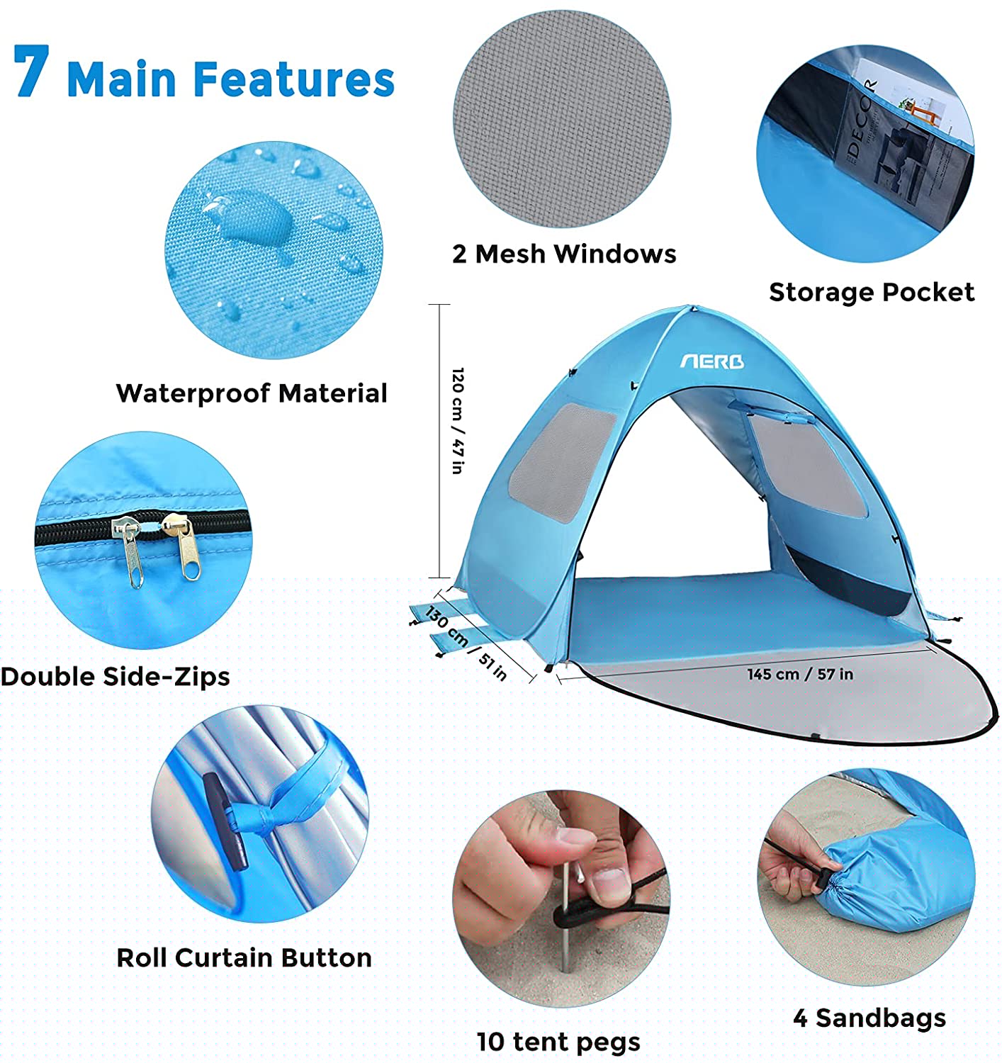 Aerb Pop up Beach Tent Sun Shelter， UPF 50+ Windproof Waterproof Outdoor Cabana Tent， Extendable Floor with 2 Ventilating Windows 2 Doors for Beach， Park， Camping， Blue