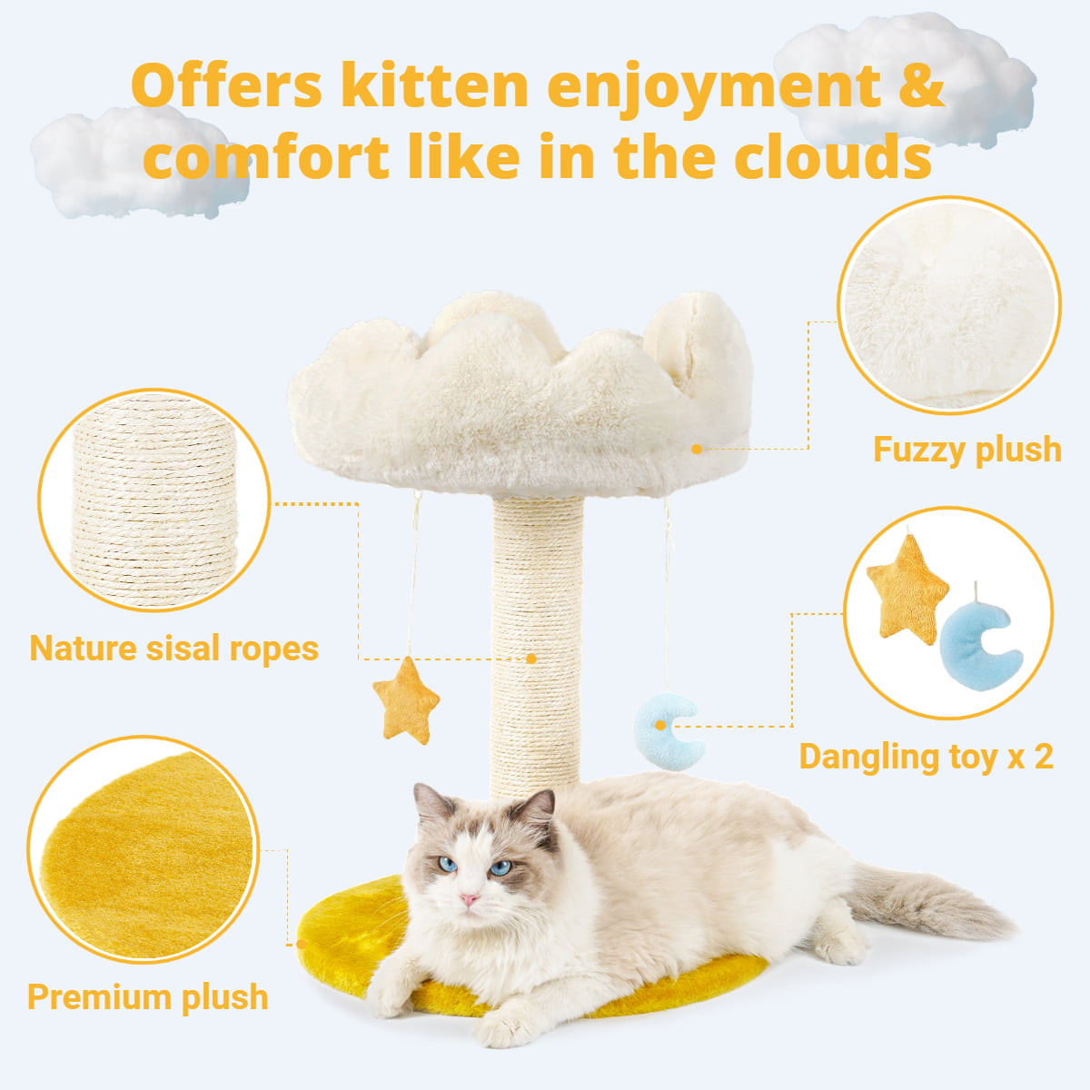 Happi N Pets Cloud Cat Scratching Post with Bed， 2 -Level Cat Tree， Nature Sisal Cat Scratcher with Soft Perch for Kitten and Adult Cats， Small Cat Tower with Toys， Stable Cat Furniture