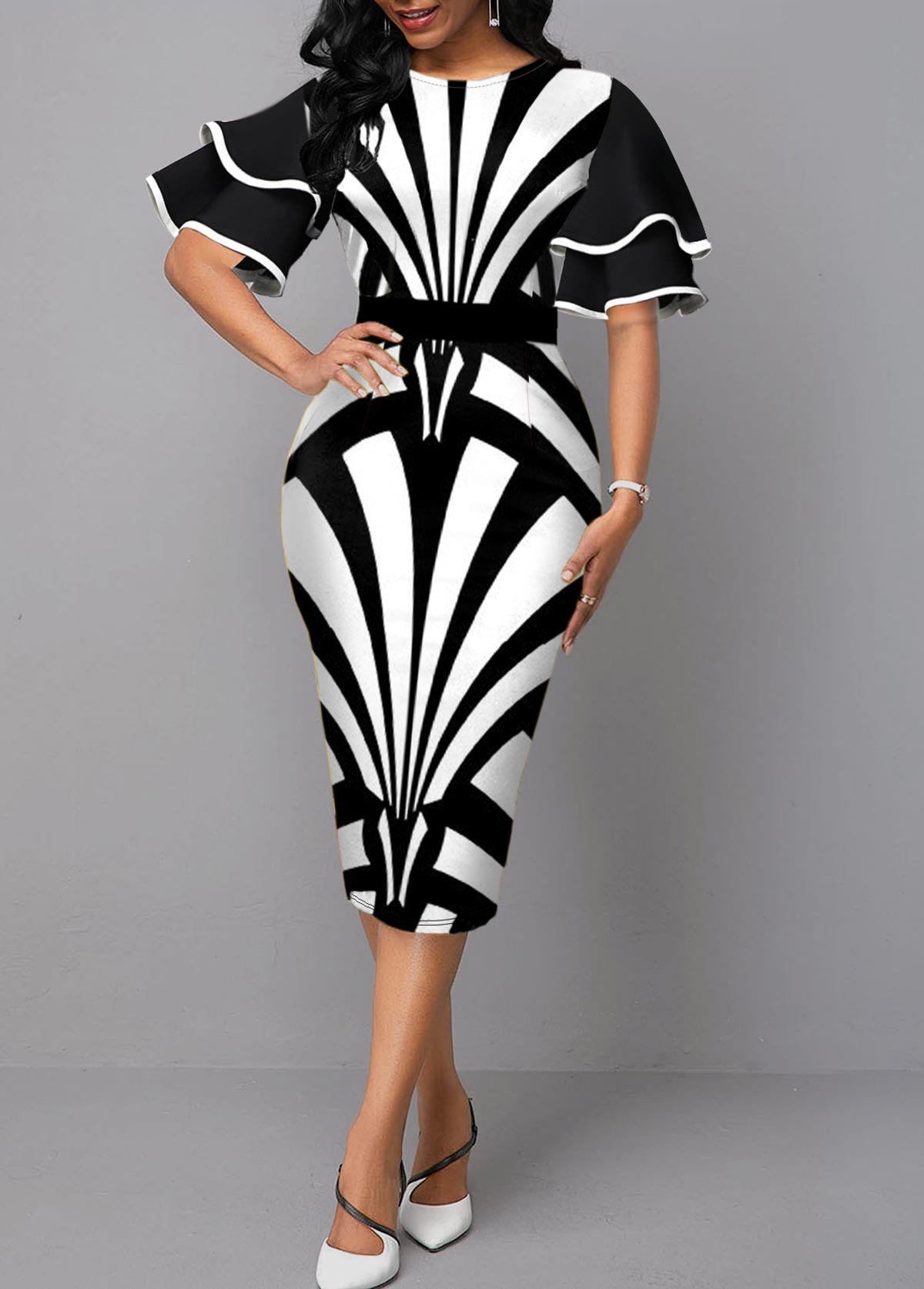 Round Neck Flare Sleeve Color Block Dress