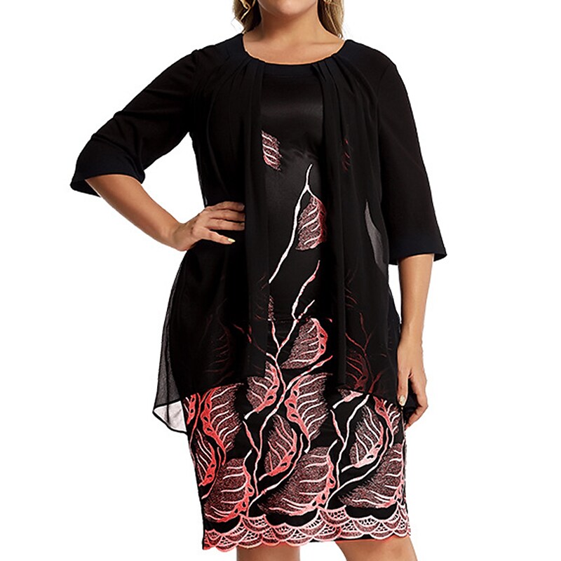 Women's Plus Size Fake Two-Piece Dress Crew Neck Half Sleeve Dress