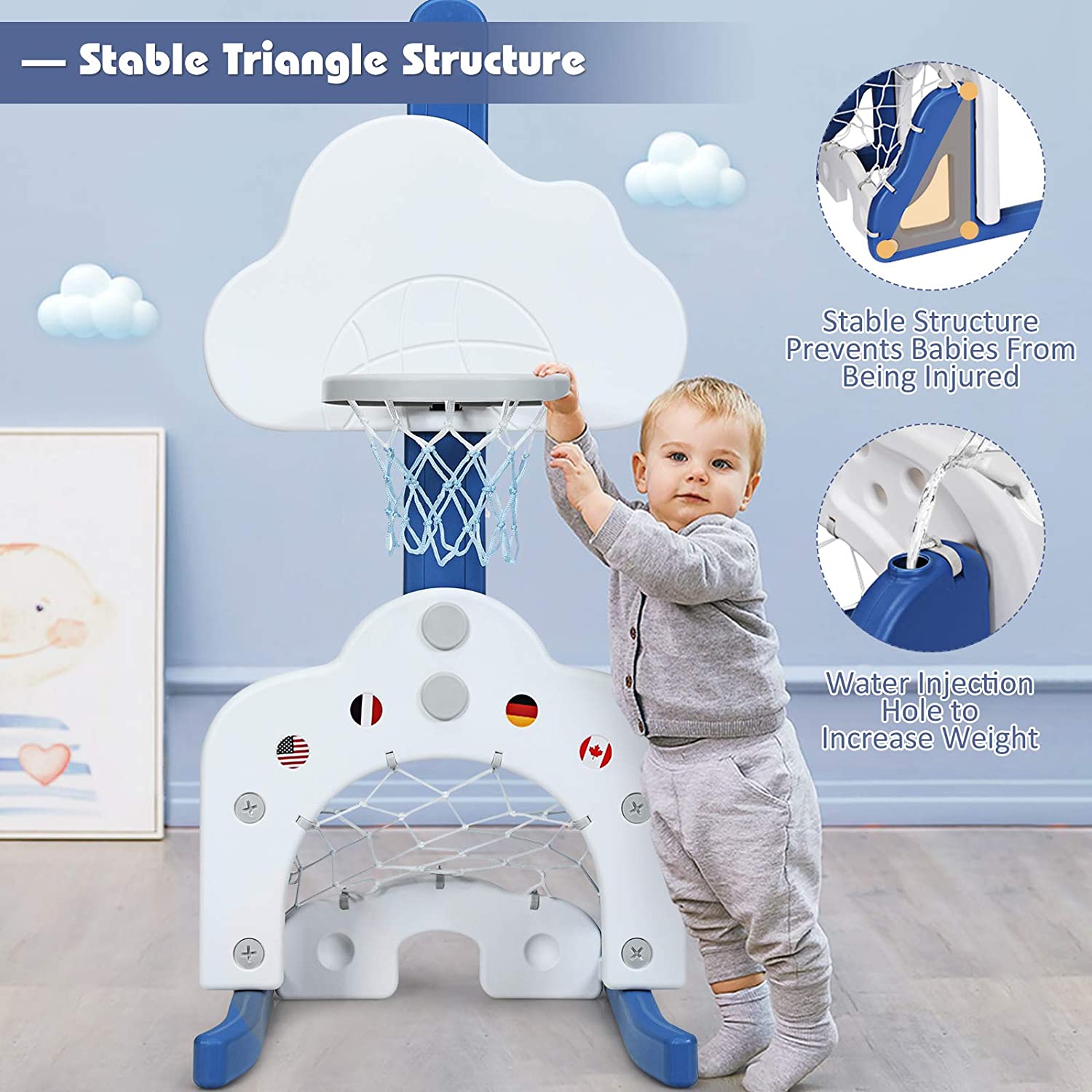 Kids Basketball Hoop， Toddler Sports Activity Center w/ 5 Adjustable Height Levels， Basketball Soccer Golf Game Set， Indoor Outdoor Basketball Hoop Set Best Gift for Baby Infant