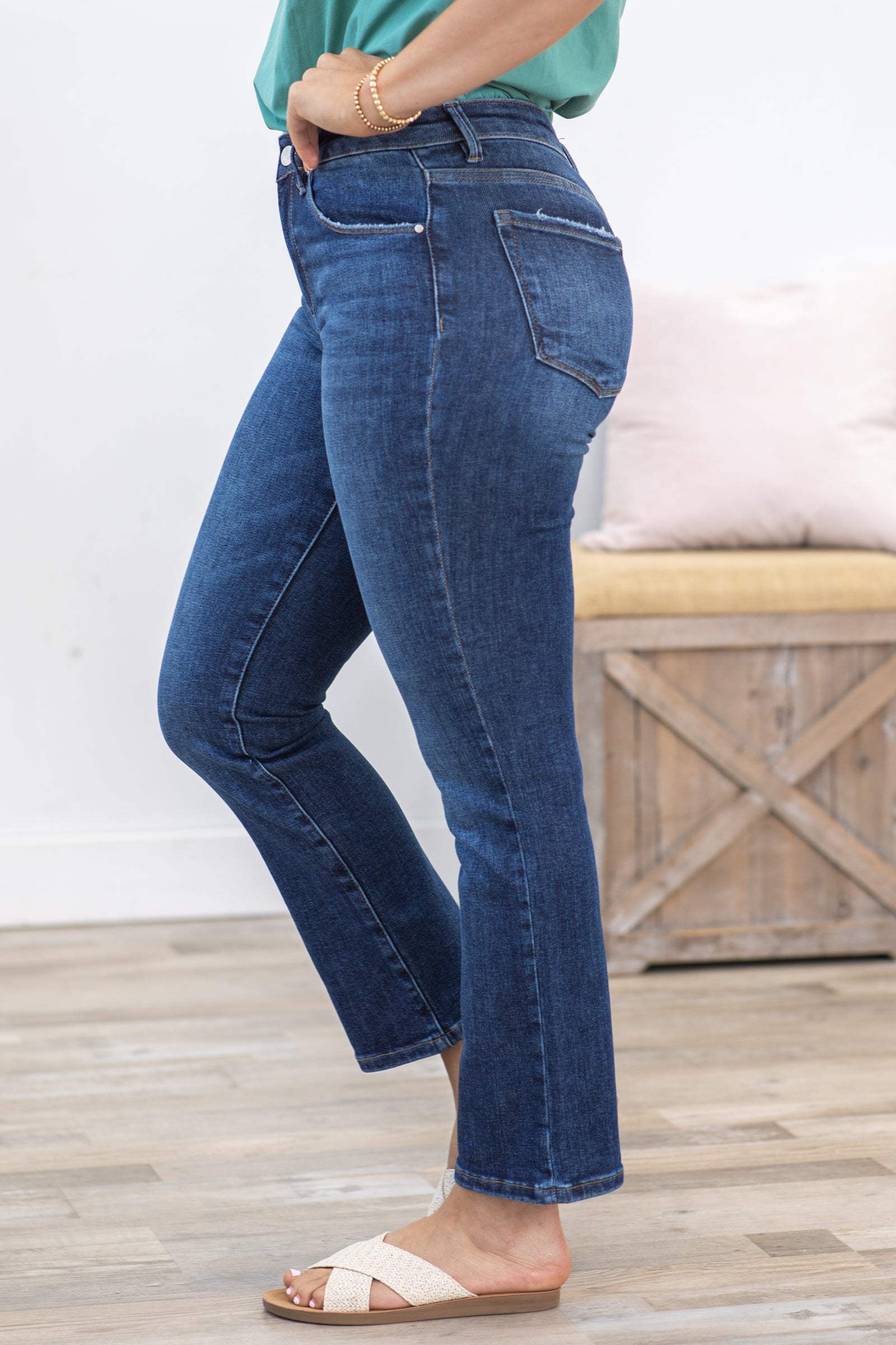 Risen Mid Rise Ankle Straight Slim Jeans