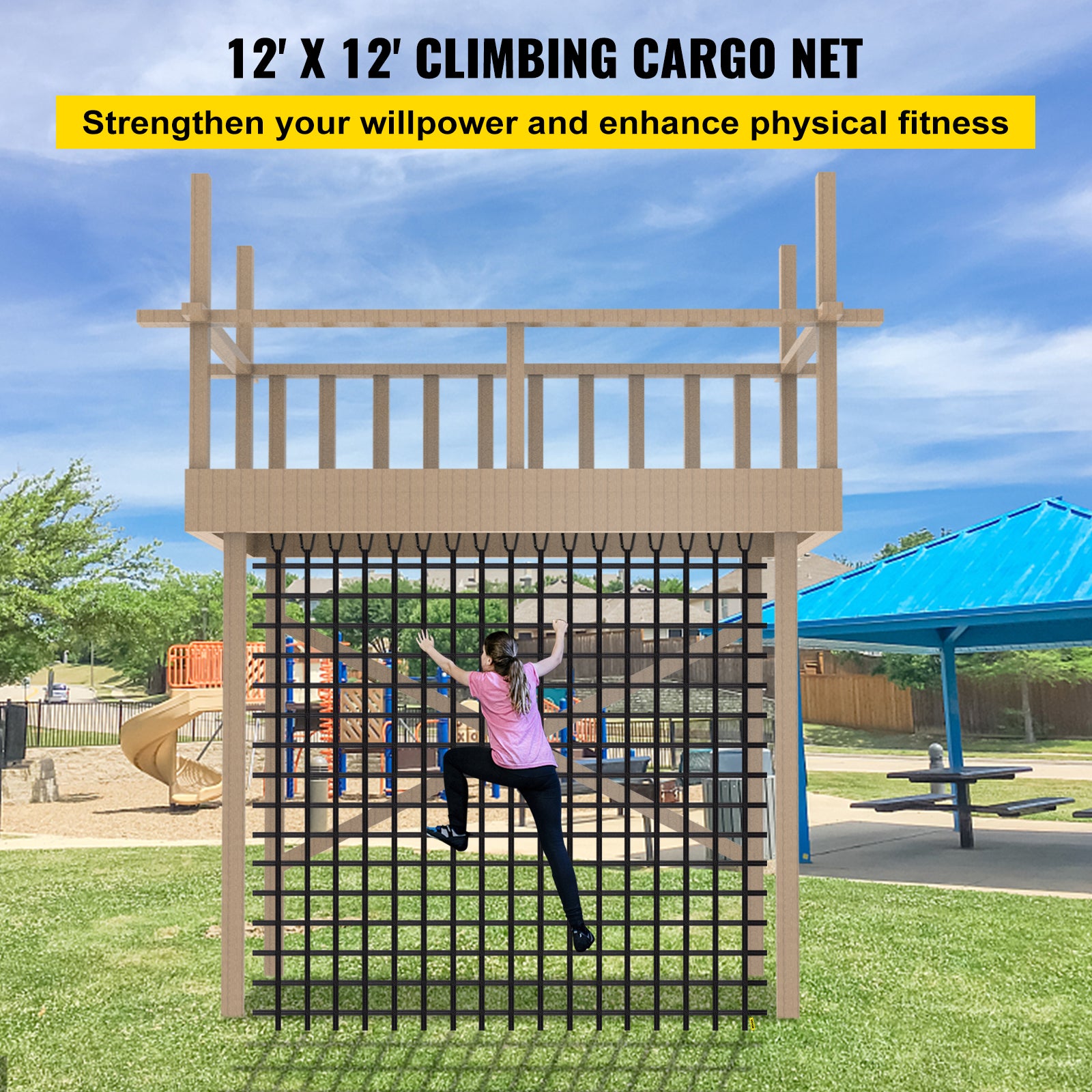 VEVOR Climbing Cargo Net， 12' x 12' Playground Climbing Net， Polyester Material， Rope Ladder， Swingset， Large Military Climbing Cargo Net for Kids and Adult， Indoor and Outdoor， Treehouse， Jungle Gyms