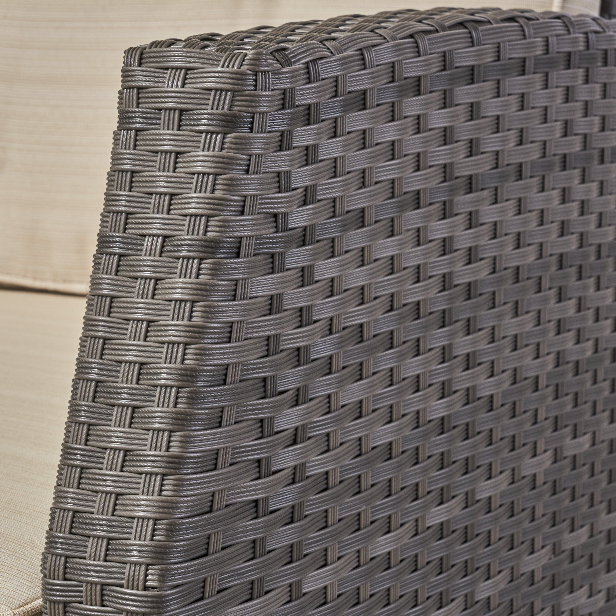 Jake Outdoor 7 Seater Wicker Chat Set with an Iron Fire Pit, Gray and Dark Gray