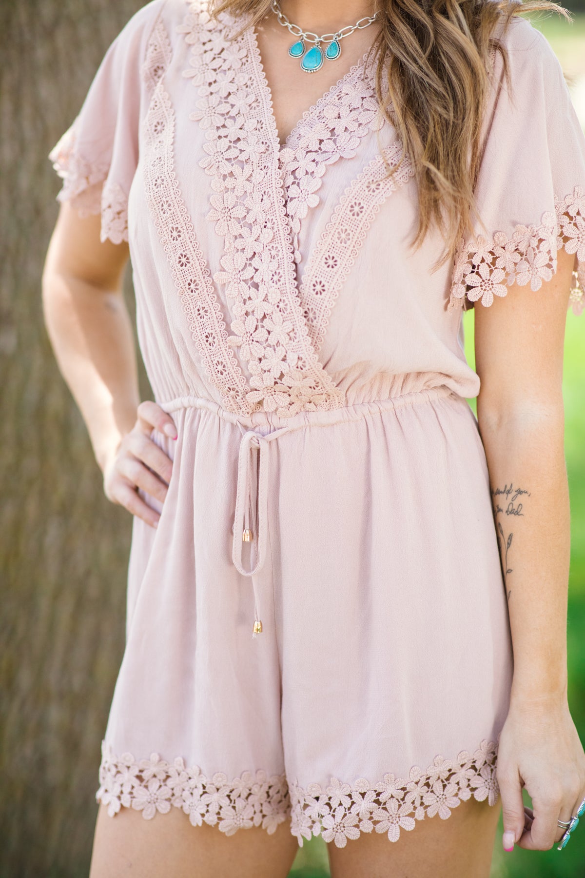 Tan Crochet Trim Short Sleeve Romper