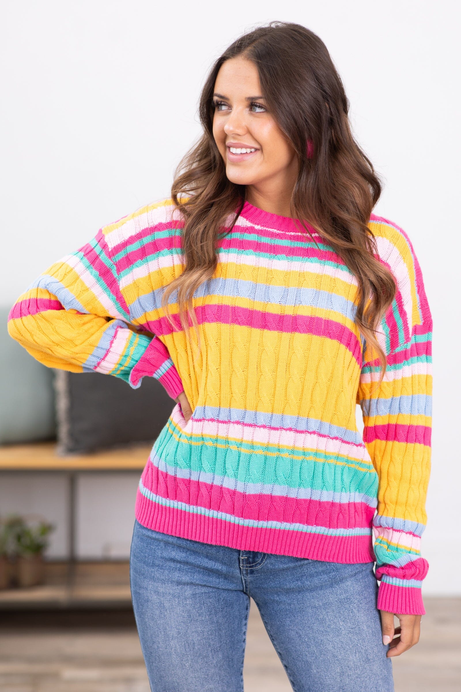 Fuchsia and Orange Multicolor Stripe Sweater
