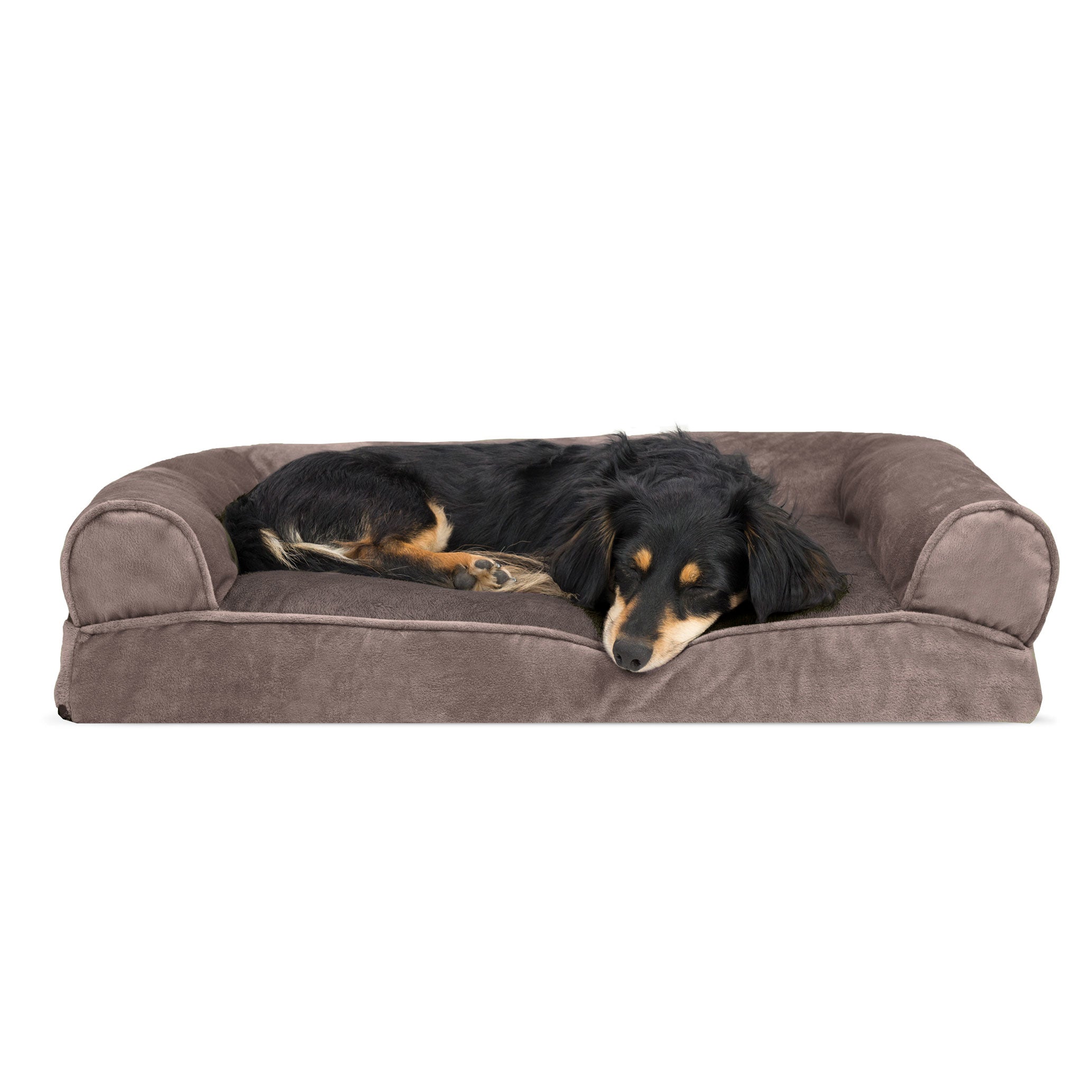 FurHaven | Faux Fur and Velvet Pillow Sofa Pet Bed for Dogs and Cats， Driftwood Brown， Medium