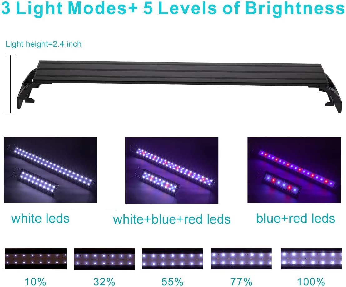 Maze Group 14W Full Spectrum Aquarium Light with Aluminum Alloy Shell Extendable Brackets， White Blue Red LEDs， External Controller， for Freshwater Fish Tank (18-24 inch)