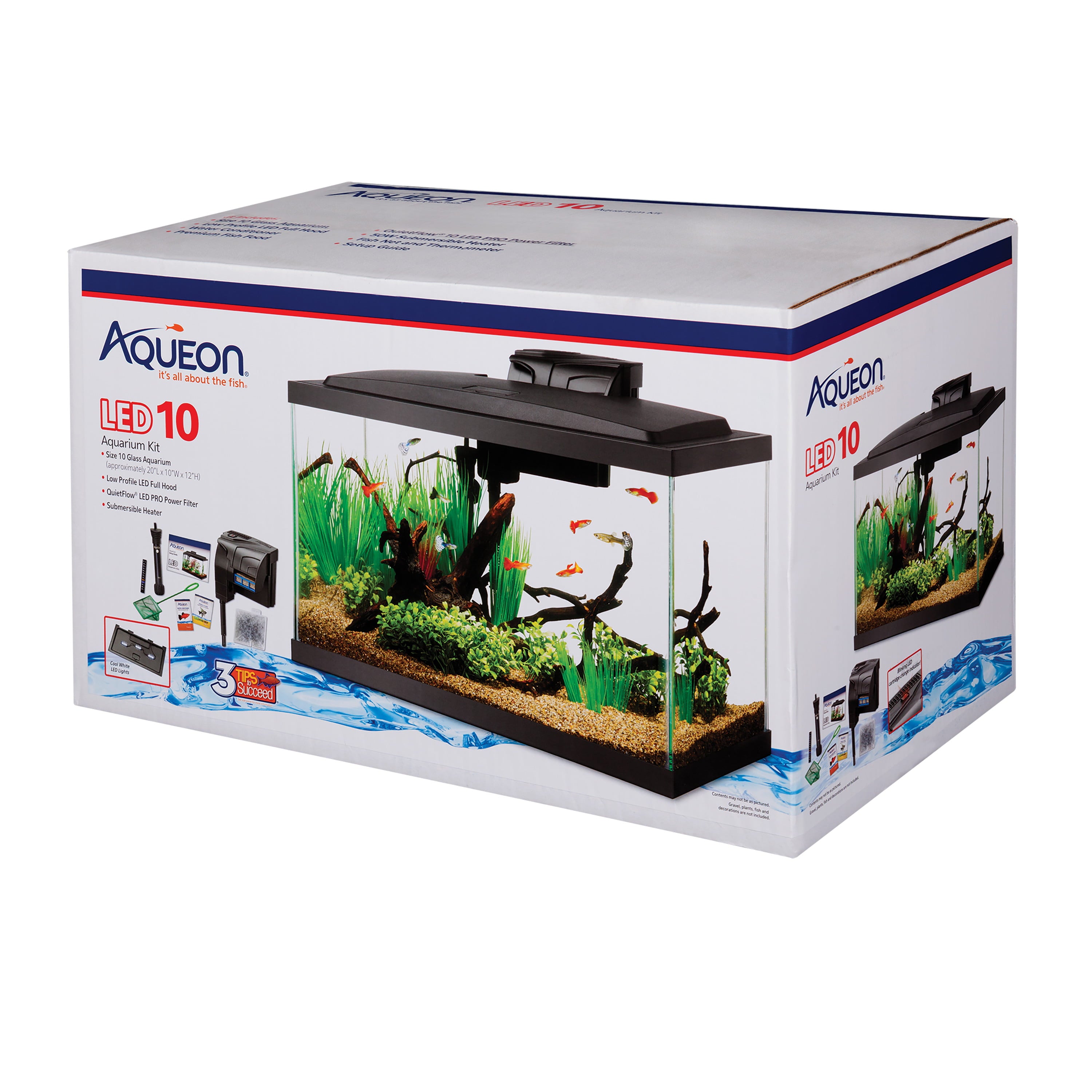 Aqueon Aquarium Starter Kit， 10 Gallon Glass Fish Tank， LED Lighting， Filter and Heater