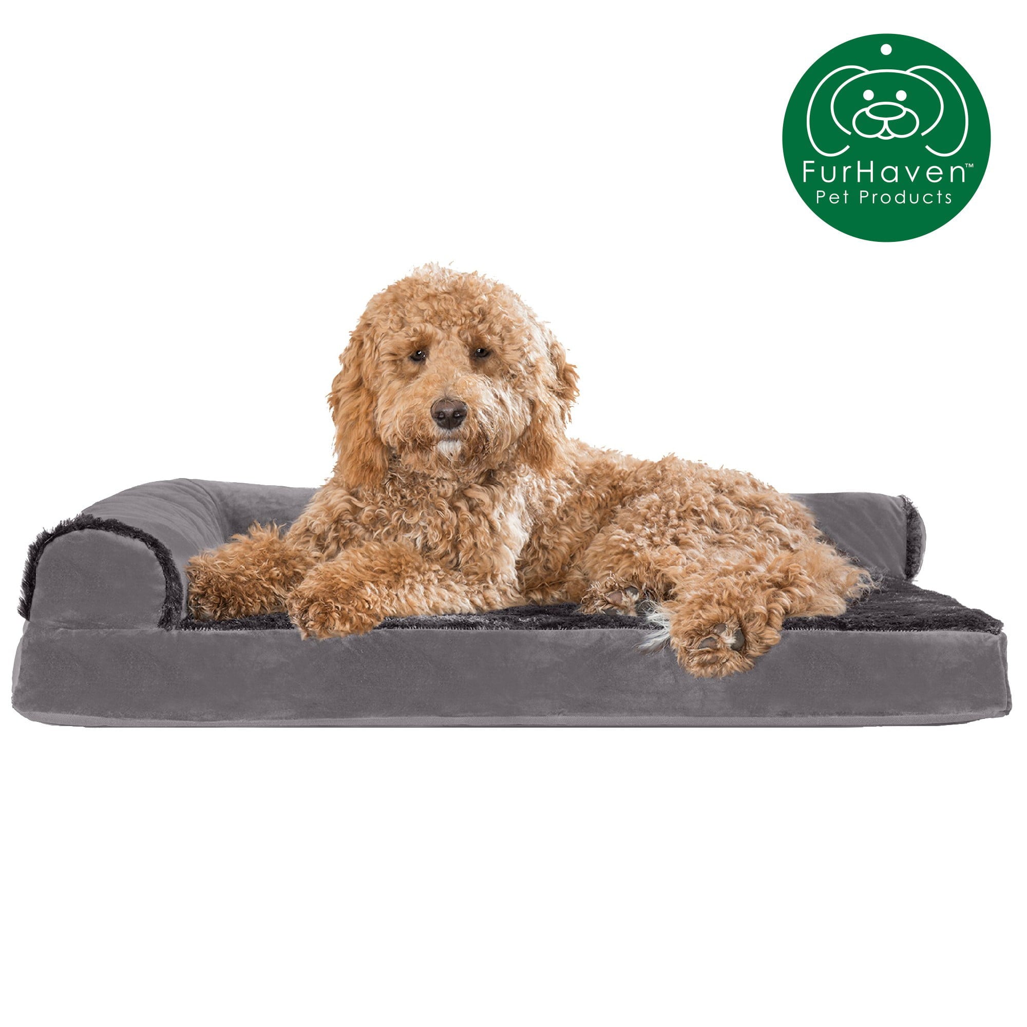 FurHaven | Deluxe Cooling Gel Plush and Velvet L-Chaise Lounge Pet Bed for Dogs and Cats， Platinum Gray， Large