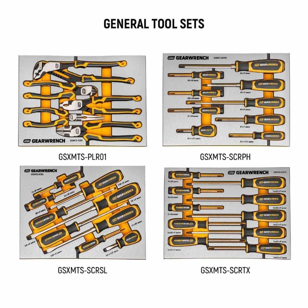 Conjunto de ferramentas GearWrench MEGAMOD873 Master Technician com 873 peças, em bandejas modulares com compartimentos para armazenamento.