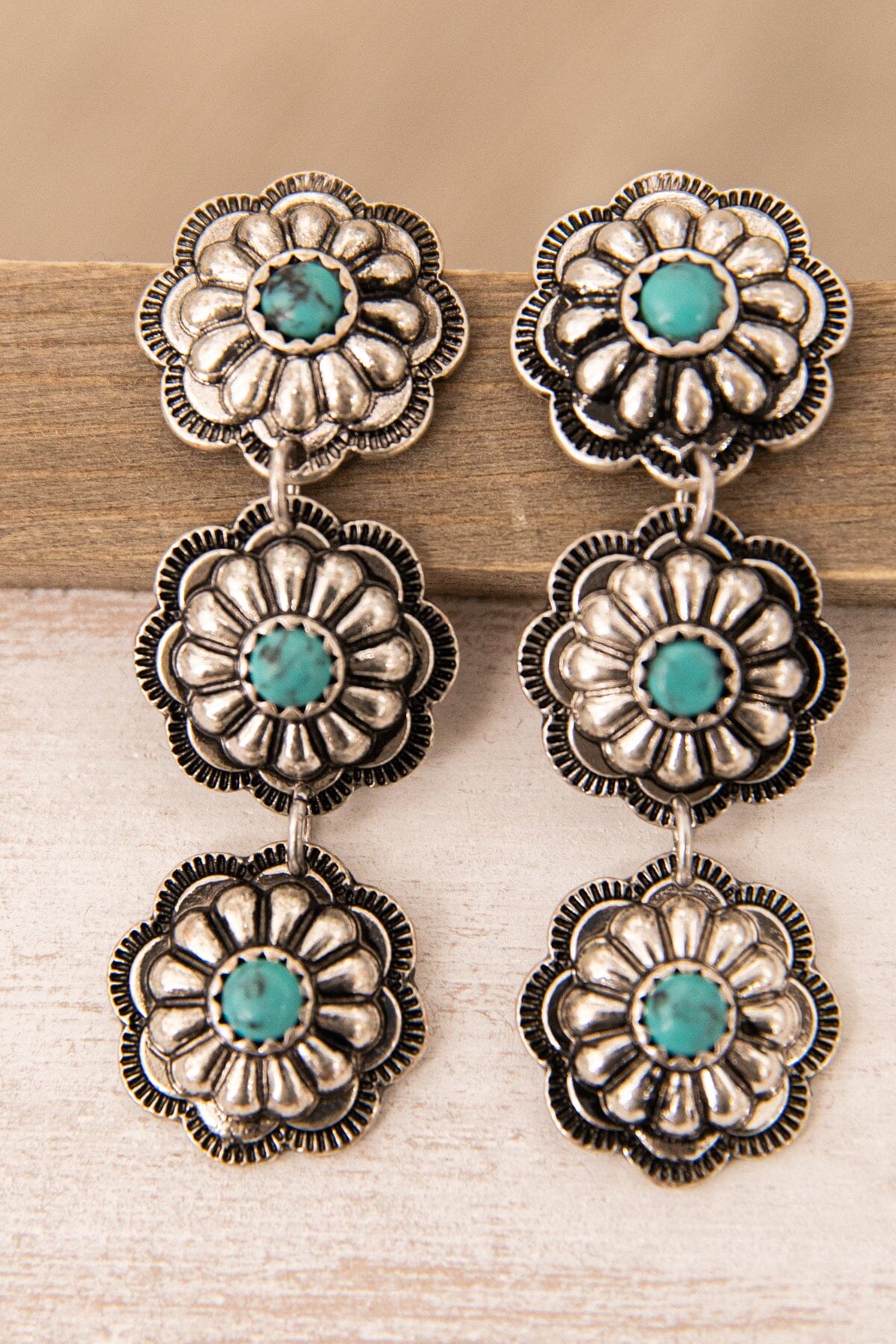 Silver Concho Dangle Earrings With Turquoise