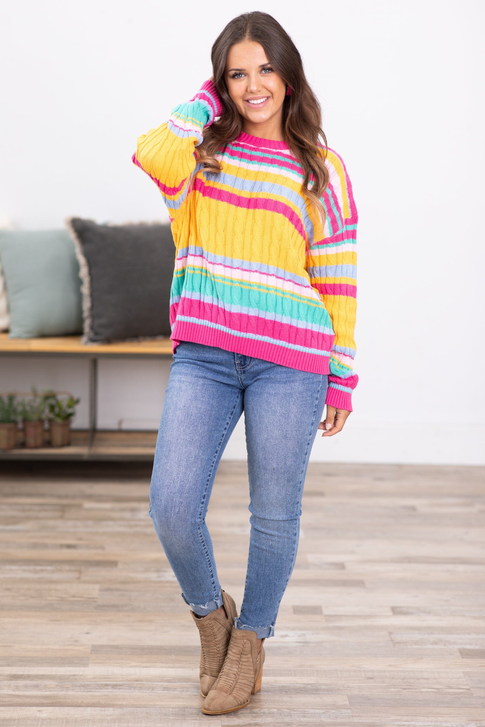 Fuchsia and Orange Multicolor Stripe Sweater
