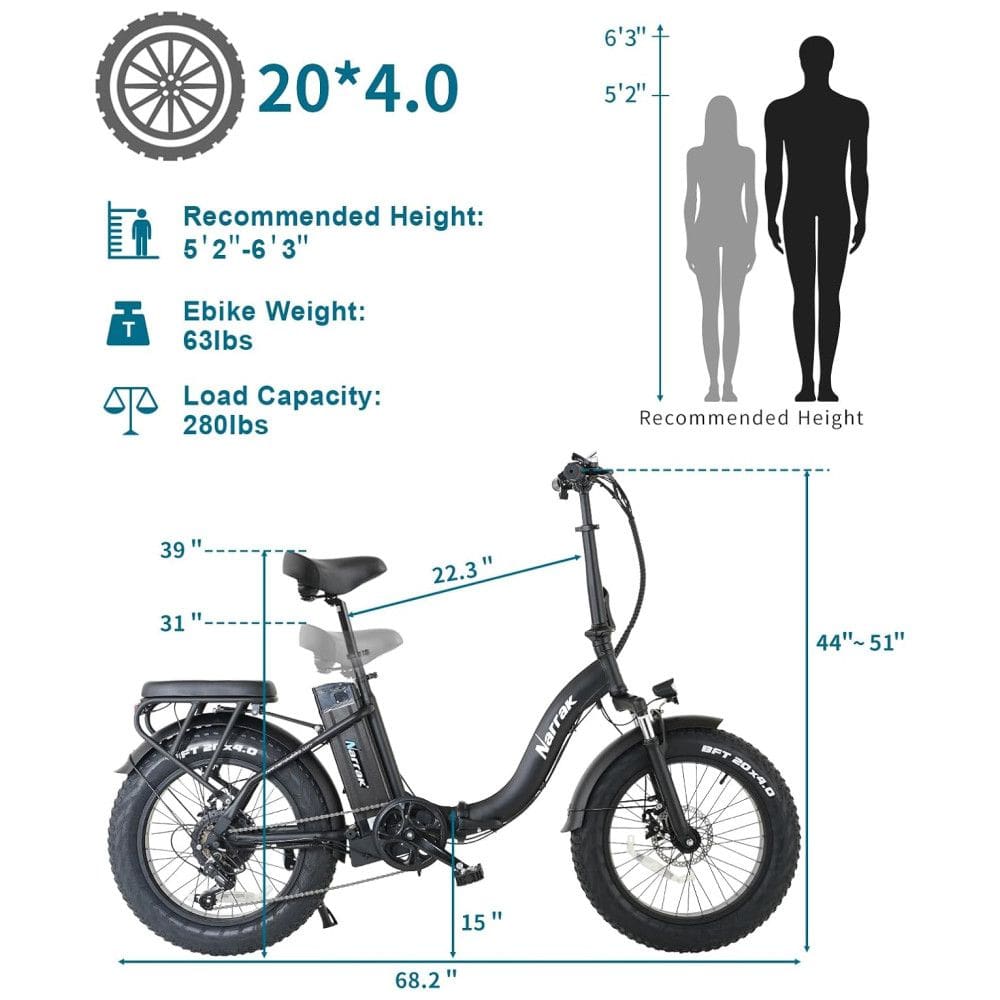 Bicicleta Elétrica Dobrável Narrak S129 com Motor Traseiro 750W (Pico 1100W), Bateria 48V 13Ah, Freios a Disco Duplos e Transmissão SHIMANO