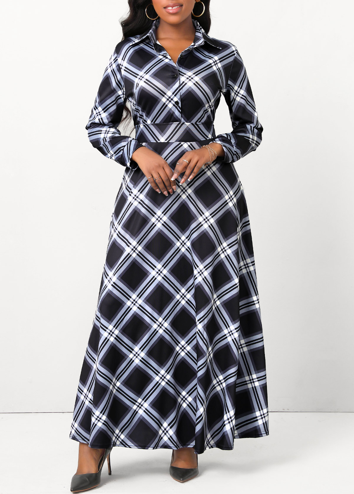 Plaid Button Black Shirt Collar Maxi Dress