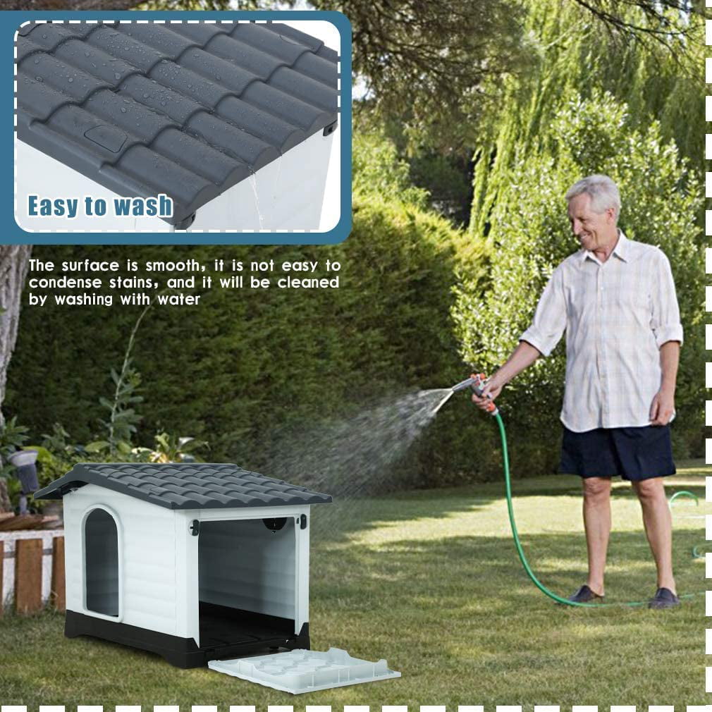 Outdoor Indoor Dog House， Plastic Dog Houses Big Dog House With Base Support For Small Medium Large Dogs 26 Inch High Pet Kennel Shelter with Air Vents Elevated Floor Water Resistant