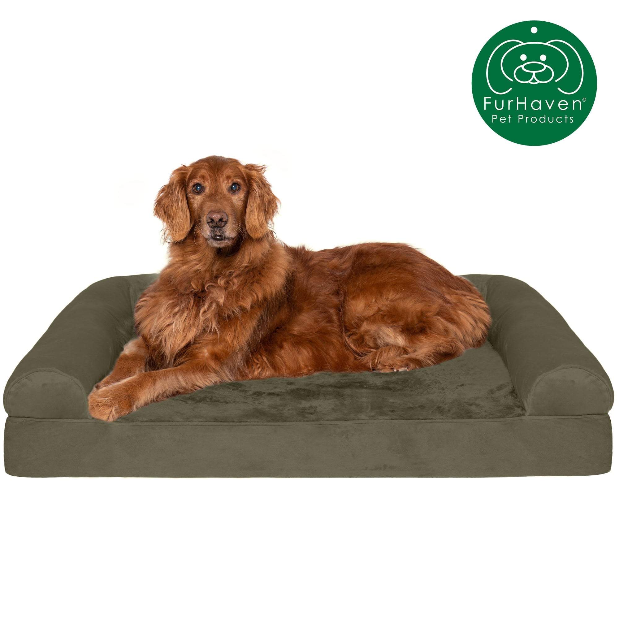FurHaven | Orthopedic Faux Fur and Velvet Sofa Pet Bed for Dogs and Cats， Dark Sage， Jumbo