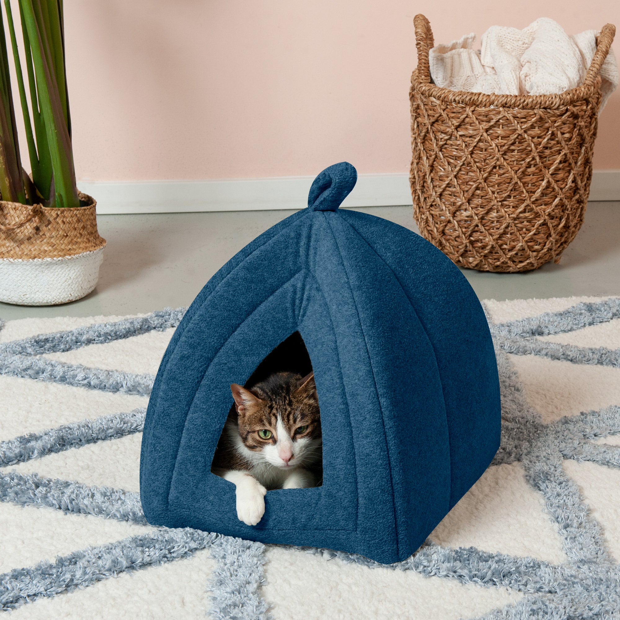 FurHaven Pet Cat Bed | Fleece Hooded Tent House Pet Bed for Cats and Small Dogs， Lagoon Blue