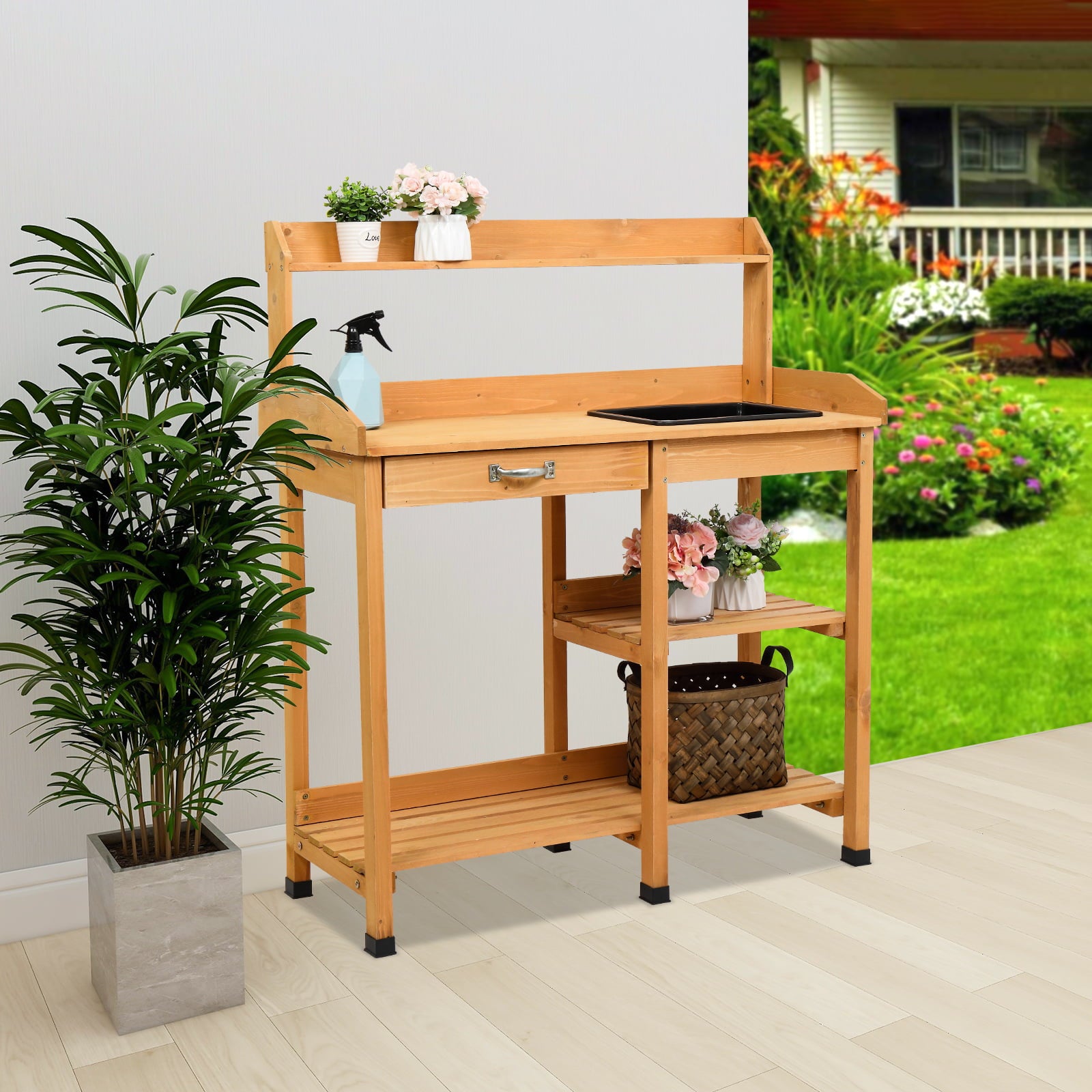 Luckinbaby Wood Garden Workbench, Large Capacity Potting Bench with Drawer