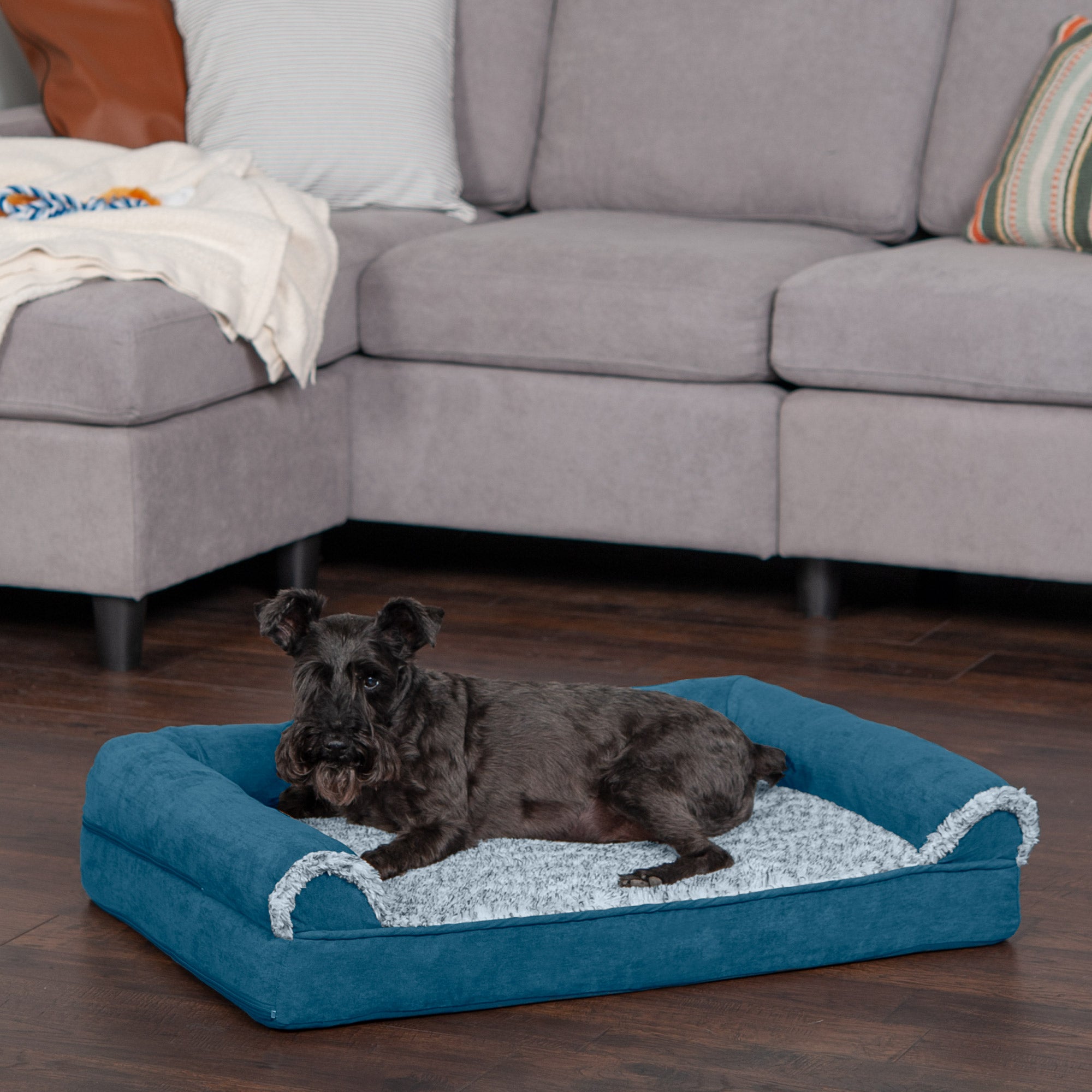 FurHaven Pet Dog Bed | Orthopedic Two-Tone Faux Fur and Suede Sofa-Style Couch Pet Bed for Dogs and Cats， Marine Blue， Medium