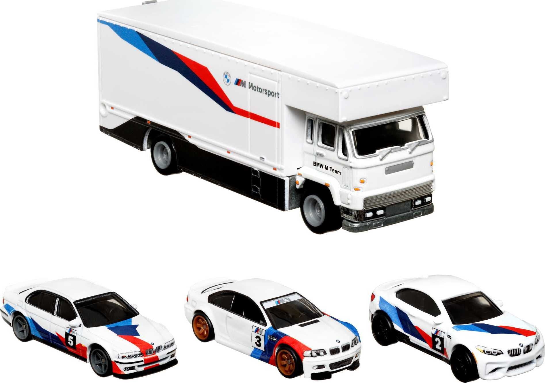 Hot Wheels Premium Collect Display Sets with 3 1:64 Scale Die-Cast Cars and 1 Team Transport Vehicle， Collectors’ Favorites