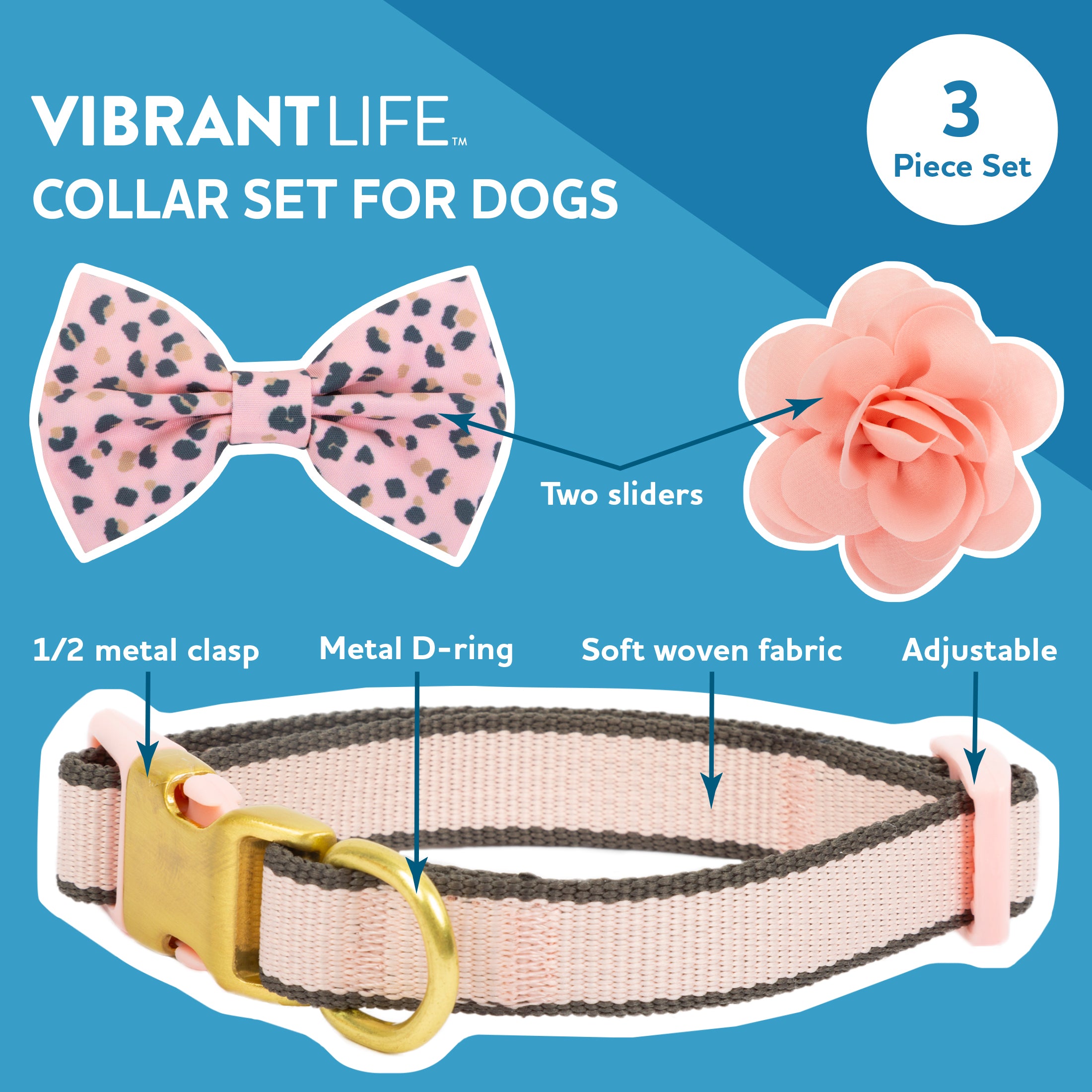 Vibrant Life Pink Collar Bow Tie Slider Set for Dogs， Size XSmall