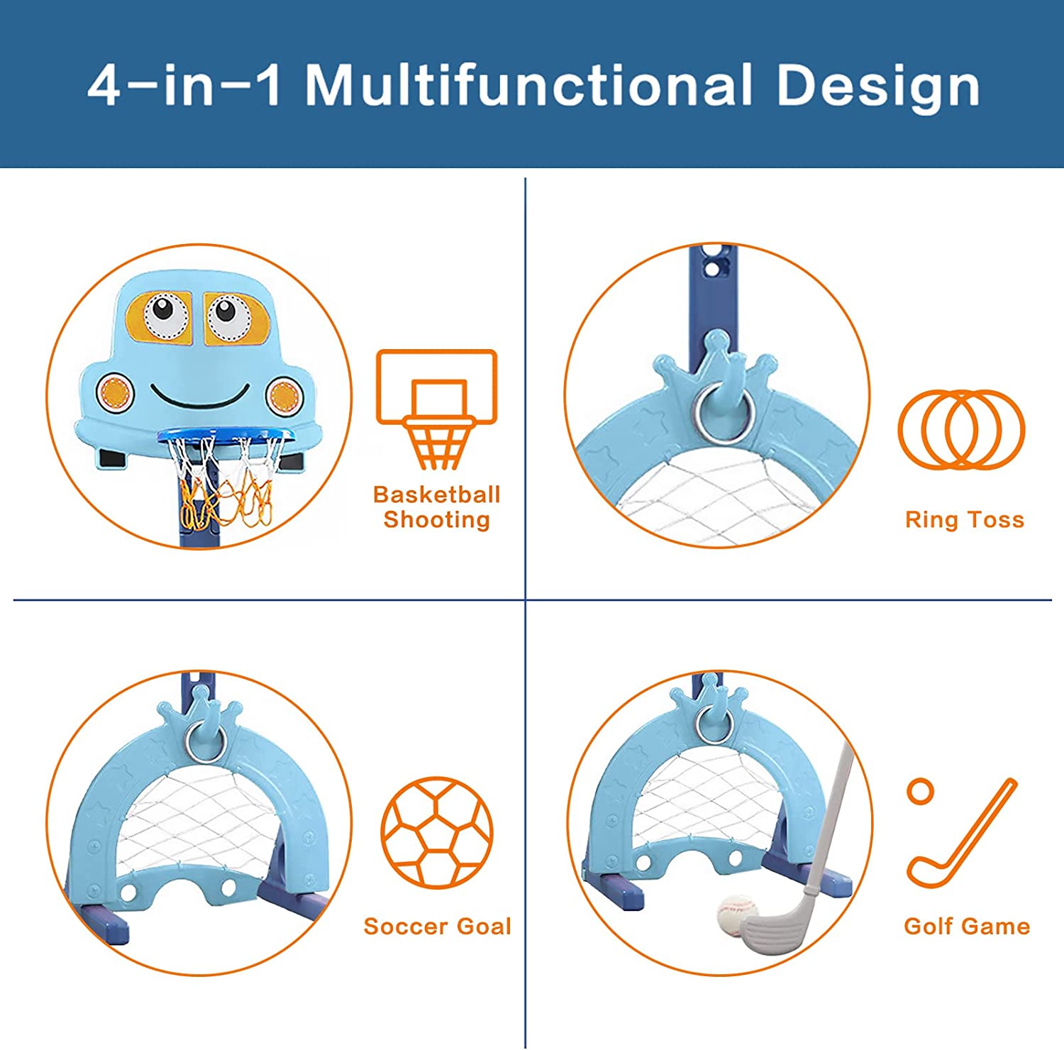 LBLA  4-in-1 Toddler Basketball Hoop for Kids， Sports Activity Center Set for Children - Basketball Hoop Soccer Goal Golf Game Ring Toss， Toddler Basketball Sports Play Indoor and Outdoor