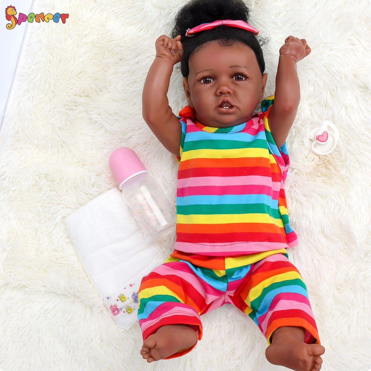 Spencer 22 Inch Handmade Lifelike Reborn Baby Dolls Soft Silicone Vinyl Black Skin Realistic Girl Doll Xma Gifts for Ages 3+