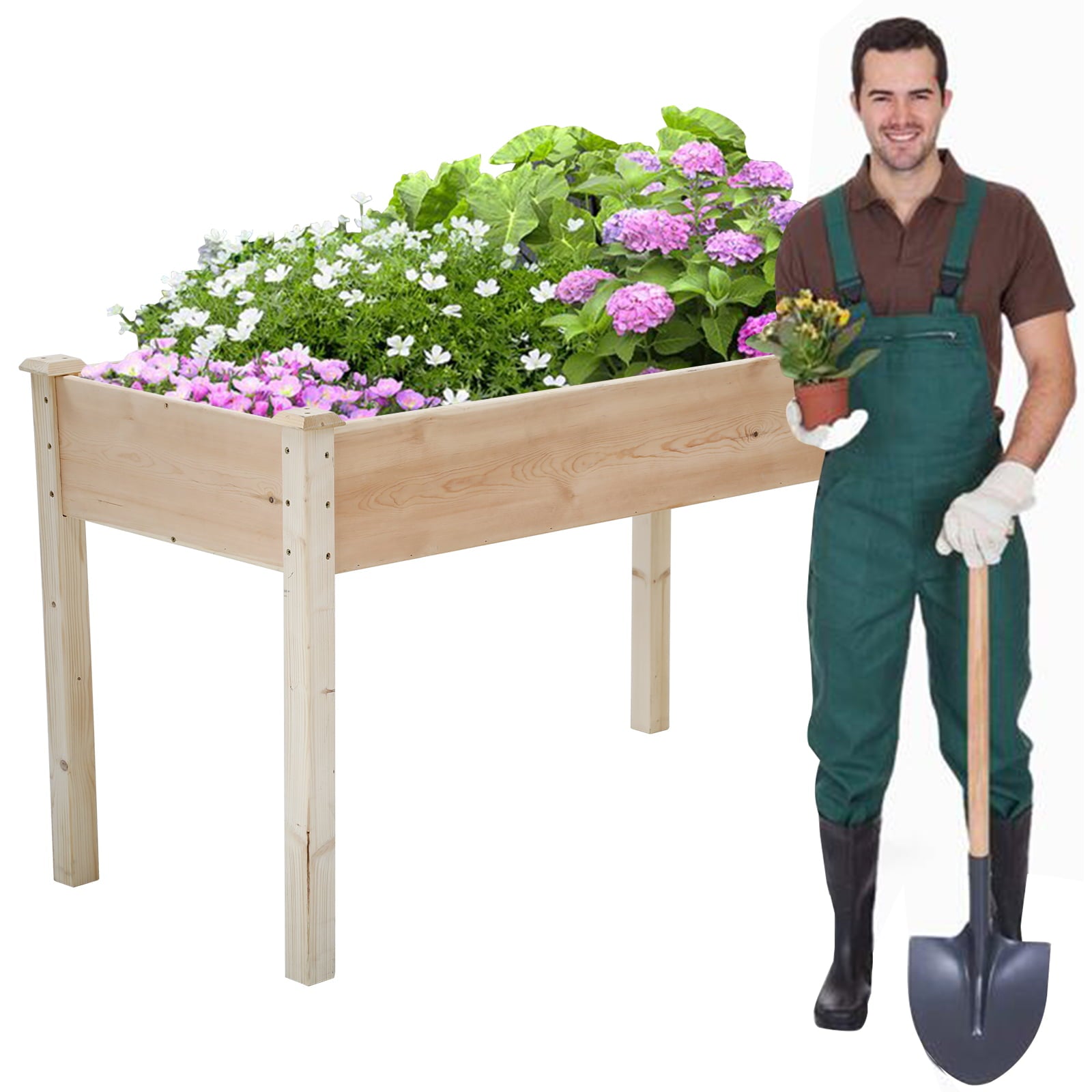 Dkeli Raised Garden Bed 49x24x30 Inch Wood Garden Bed with Legs, Outdoor Rectangle Elevated Wood Planter Box Kit for Patio Garden, Natural