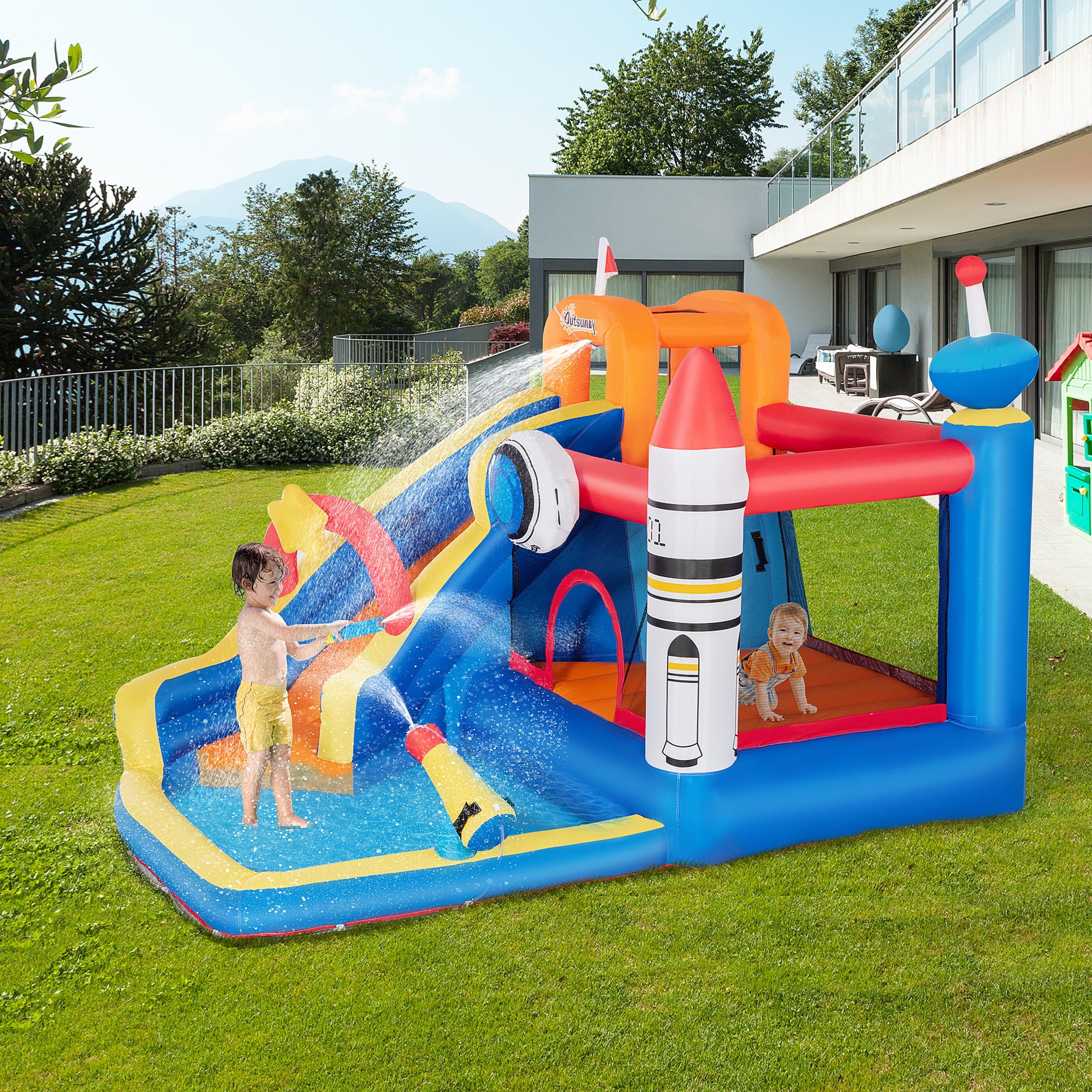 Outsunny 5-in-1 Backyard Inflatable Bounce House with Slide， Climbing Wall， Water Gun， and More， Inflatable Water Slide for Kids with 2 Min. Inflation， Large Outdoor Game for Birthday Party Activities
