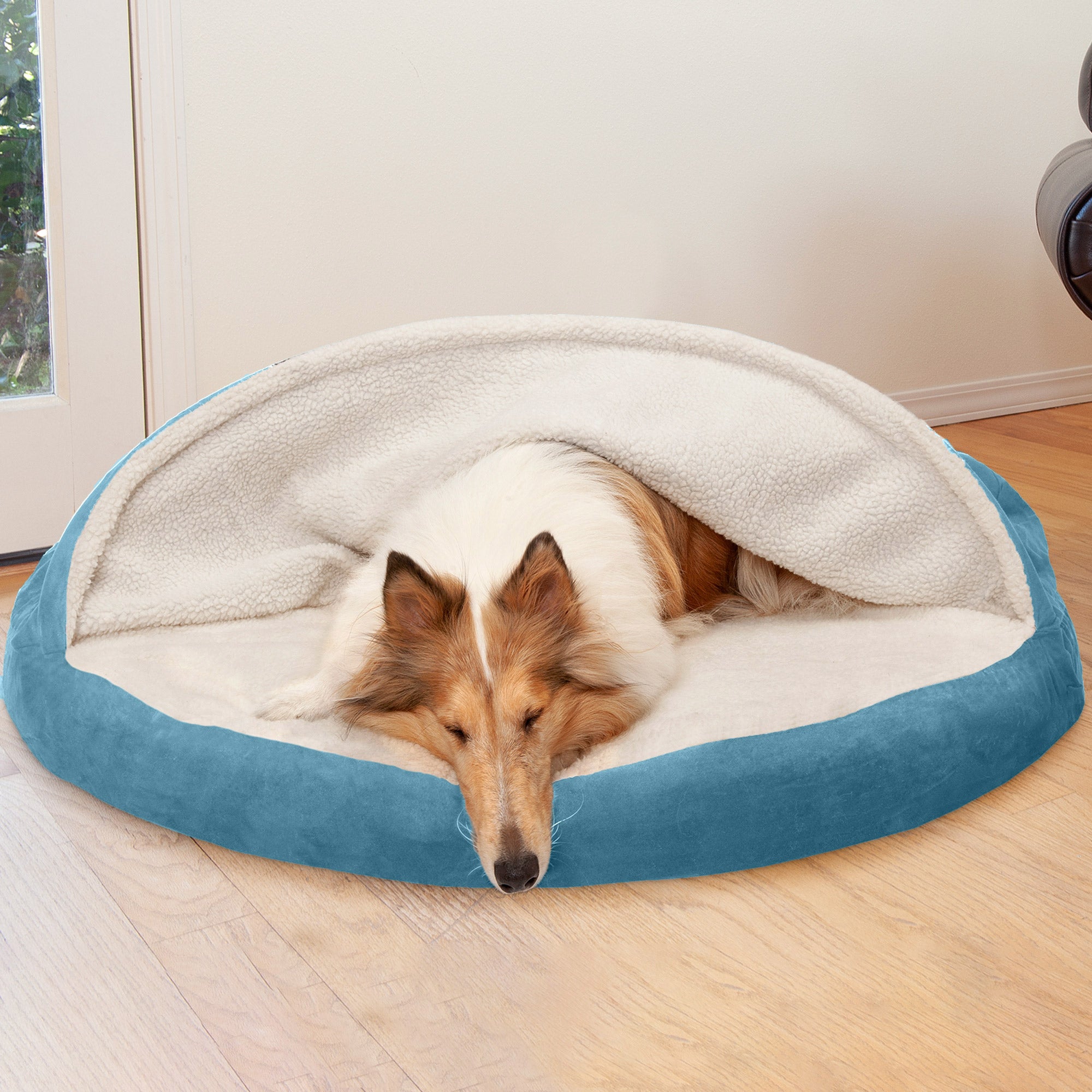 FurHaven Pet Products Orthopedic Faux Sheepskin Snuggery Burrow Pet Bed for Dogs and Cats， Blue， 44