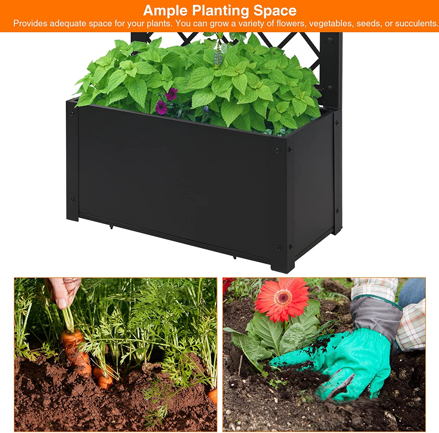 REDCAMP Metal Planter Box with Trellis, 48 Inch Height Raised Garden Bed with Trellis for Climbing Plants, Lattice and Flower for Patio Garden Indoor Outdoor