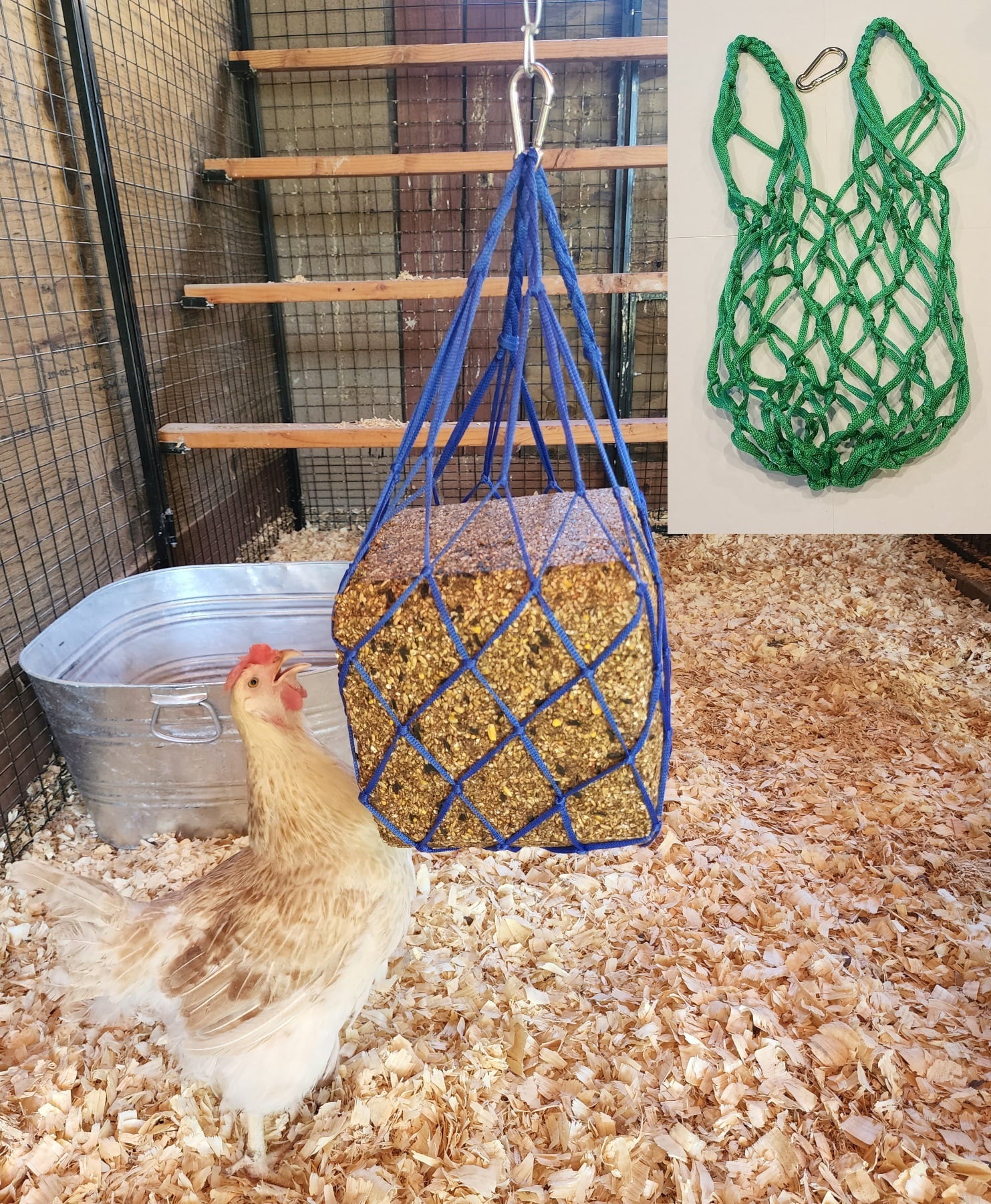 GREEN Chicken Coop Flock Block Bird Seed Hanging Bag Veggie Treat Holder - Poultry Feeder Toy Accessories Cabbage Bowl Sack