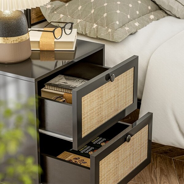 Rattan Nightstand Set of 2， End Side Table with 2 Handmade Natural Rattan Drawers， Accent Bedside Table with Storage - - 37629454