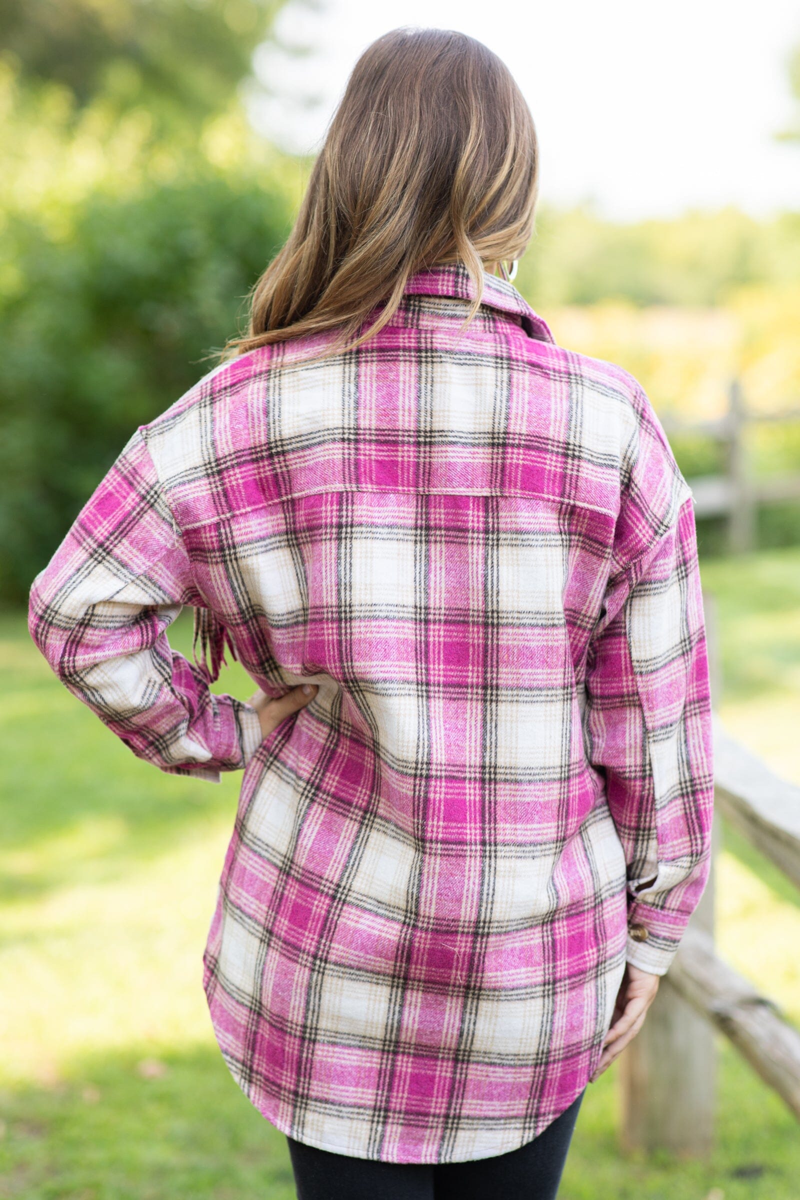 Fuchsia and Ivory Plaid Shacket With Fringe