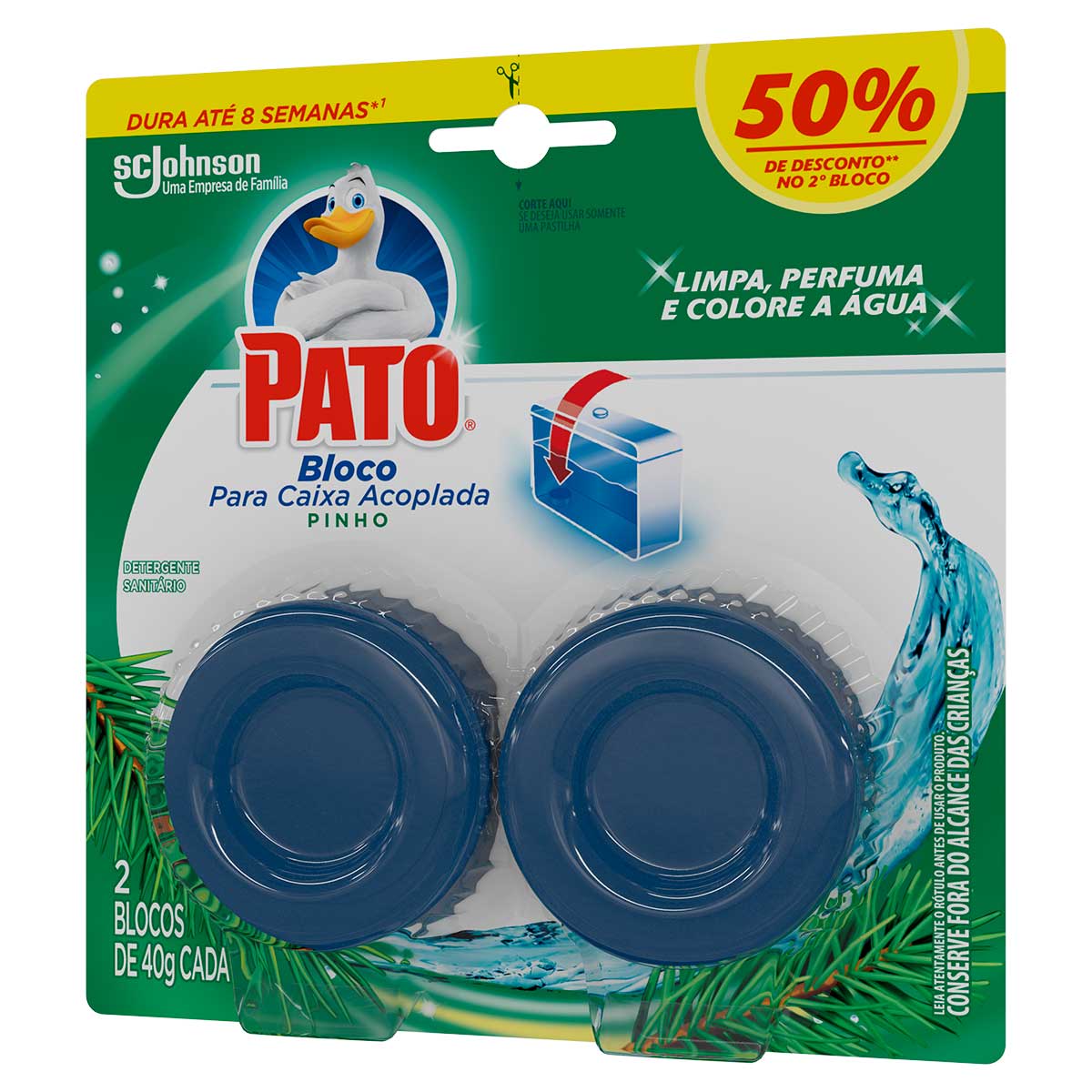 Detergente Sanitario Bloco para Caixa Acoplada Pinho Pato 2 Unidades 40g Cada Gratis 50% de Desconto no 2° Bloco